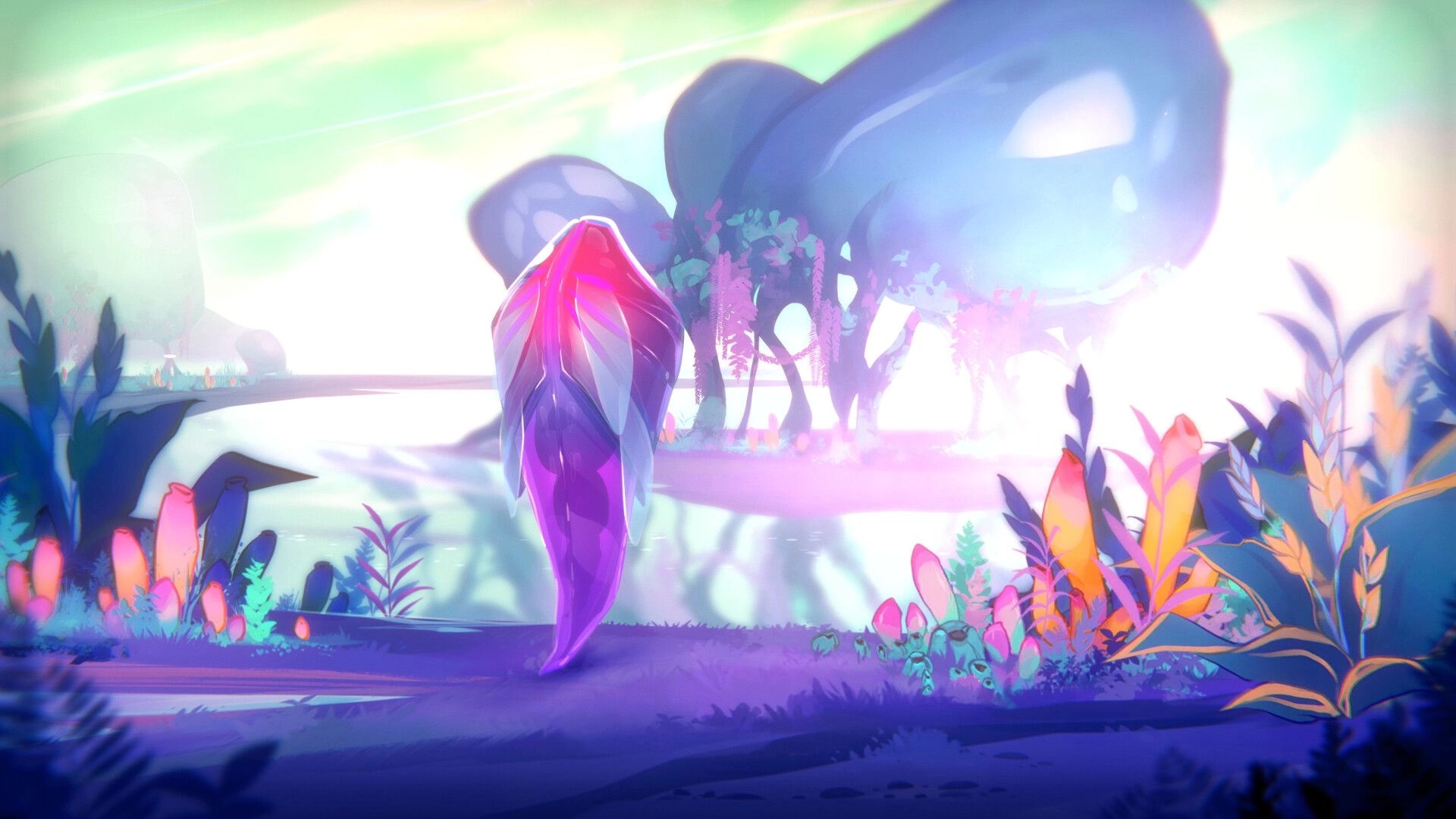 Dead in Antares: Vibrant alien landscape with luminous plants and ethereal creature by a shimmering lake