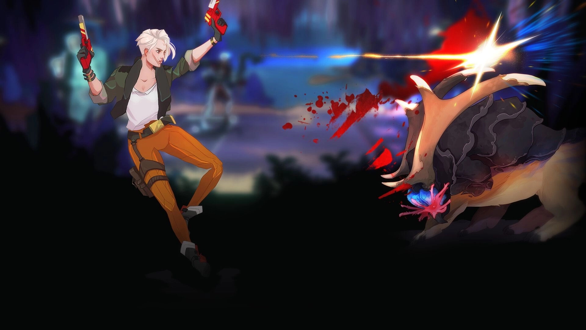 Dead in Antares: Character with dual pistols battles alien creature in colorful, blurred alien forest.