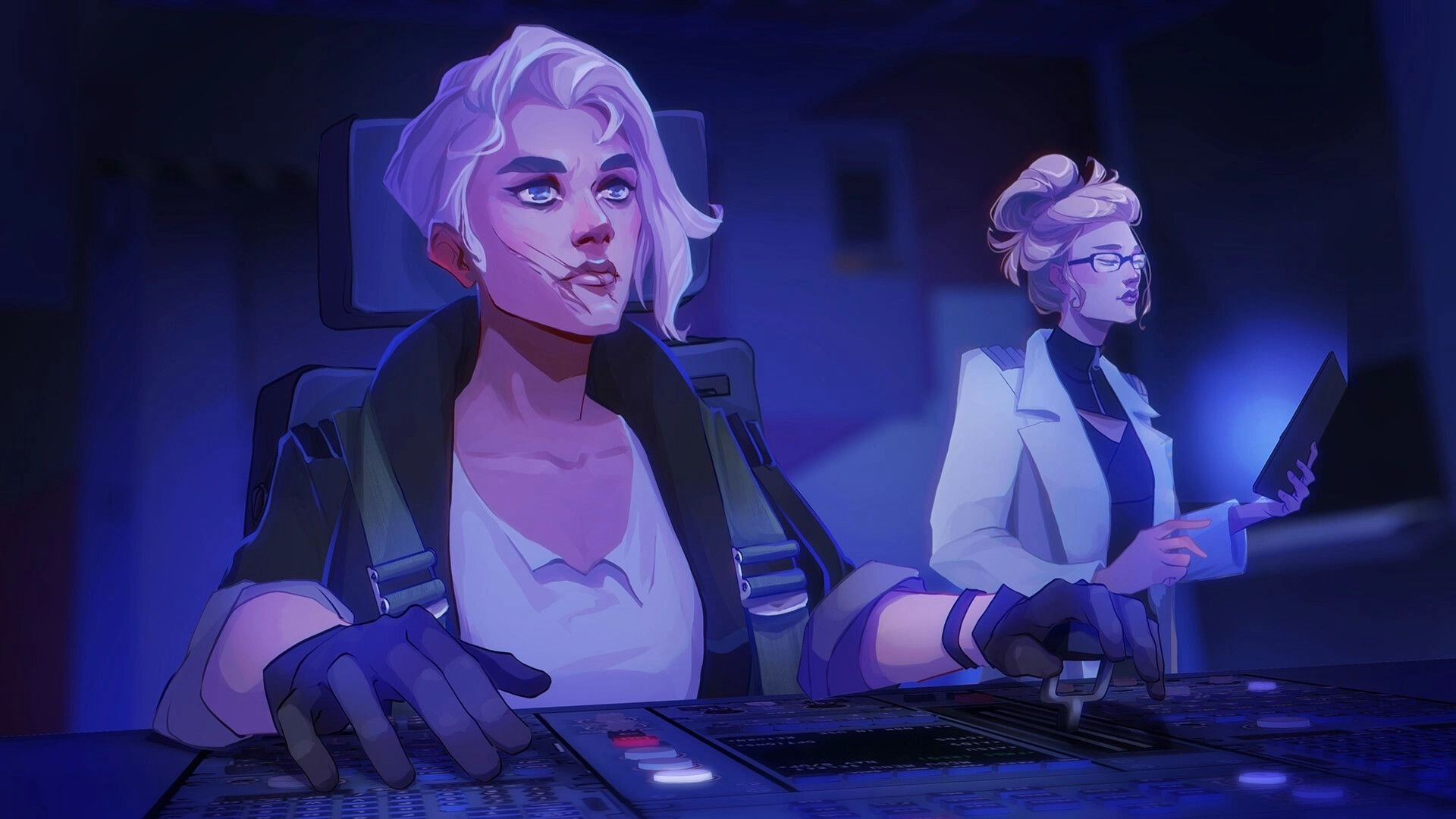 Dead in Antares: Two characters in a dimly lit control room, one operating a console, the other with a tablet.