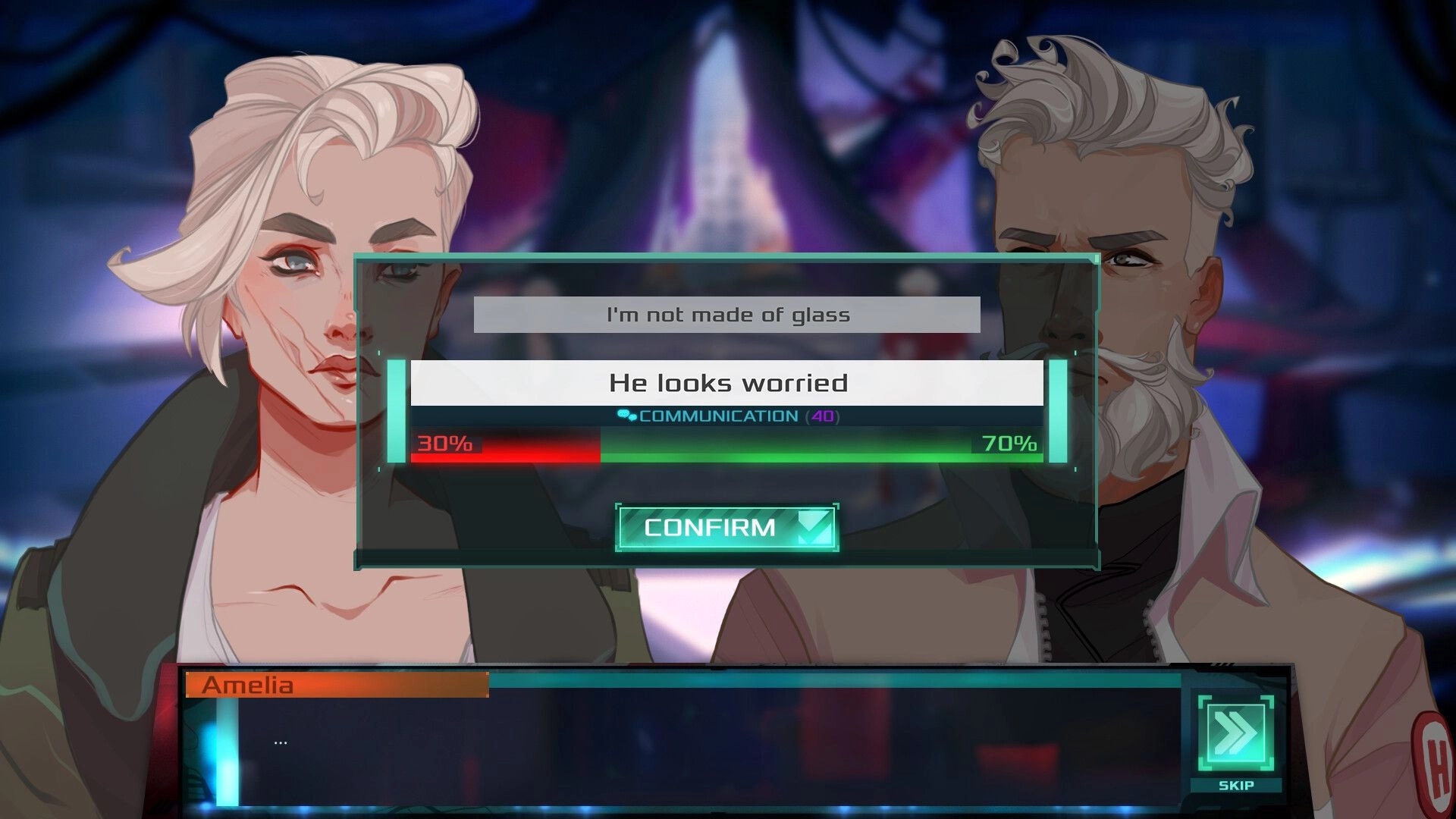 Dead in Antares: Dialogue choice with Amelia and another character in futuristic setting, confirm option visible