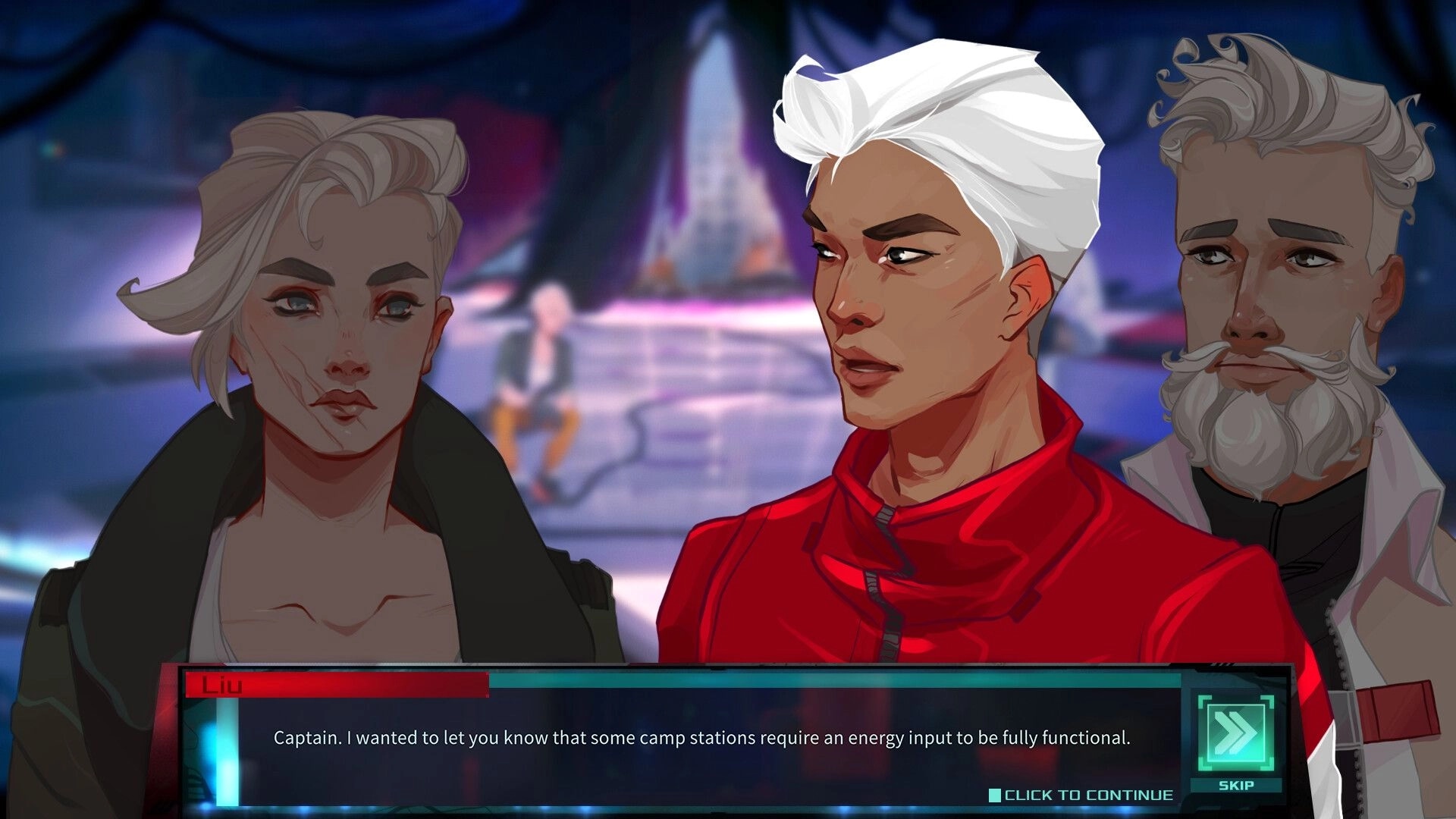 Dead in Antares: Liu discussing energy requirements with two crew members in a futuristic setting.