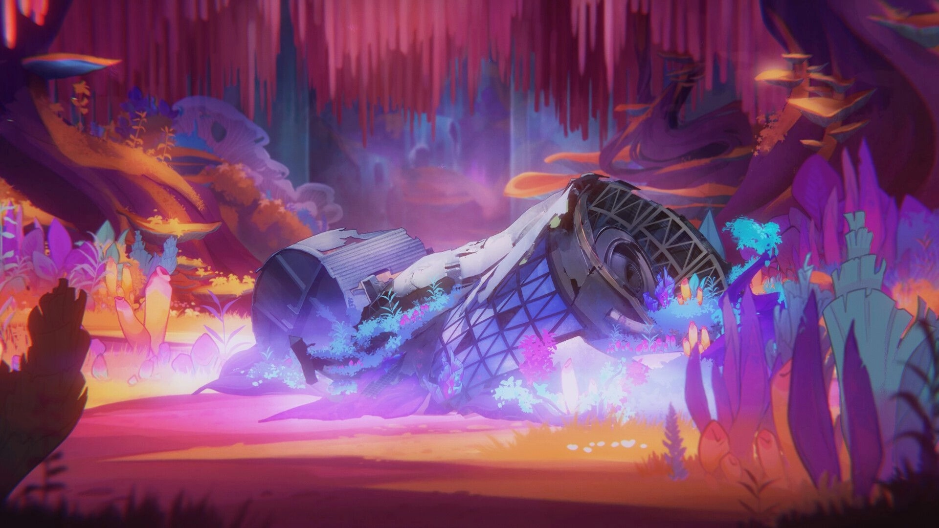 Dead in Antares: Crashed spaceship overgrown with alien flora in a vibrant, colorful forest setting