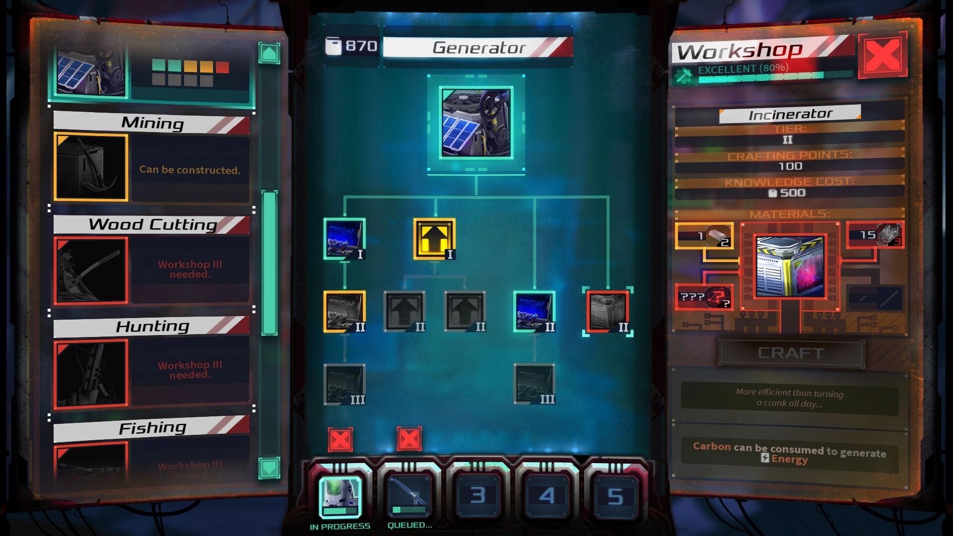 Dead in Antares: Crafting menu with generator upgrade tree and incinerator materials displayed