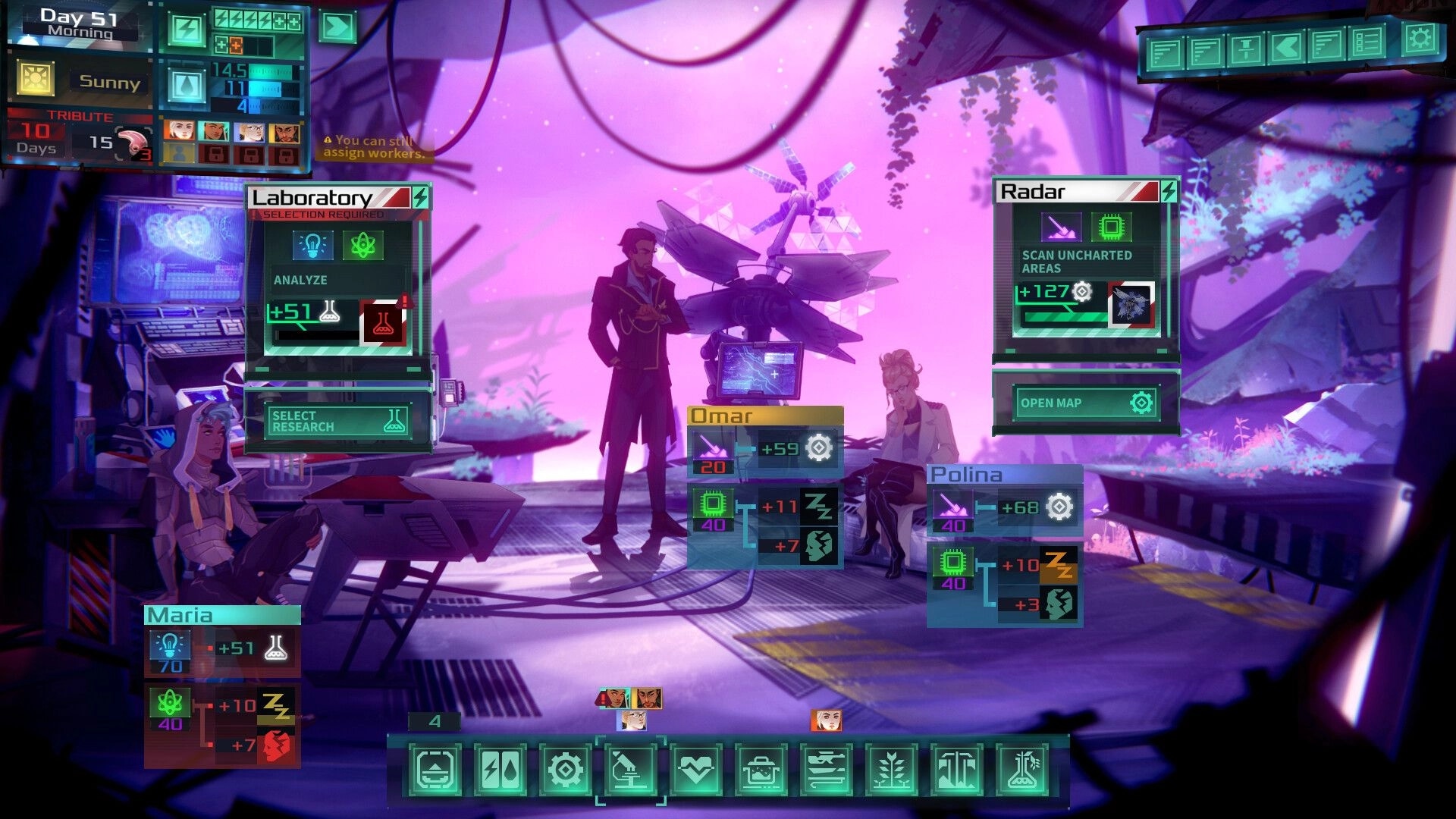 Dead in Antares: Crew management interface with Omar, Maria, and Polina in high-tech lab environment