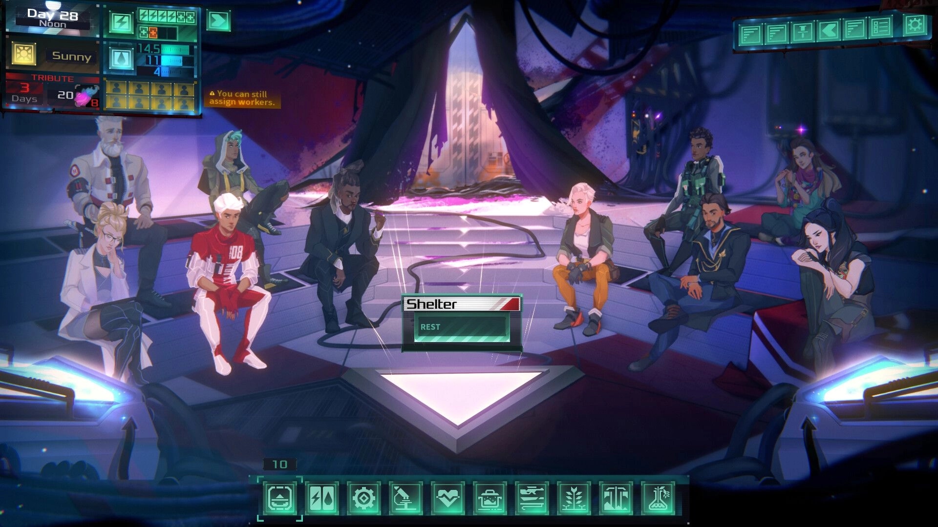 Dead in Antares: Crew meeting in alien shelter with UI displaying day, weather, and character stats