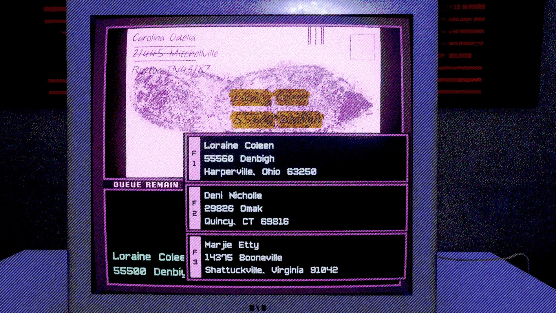 DEAD LETTER DEPT.: Screenshot showing game interface and gameplay elements