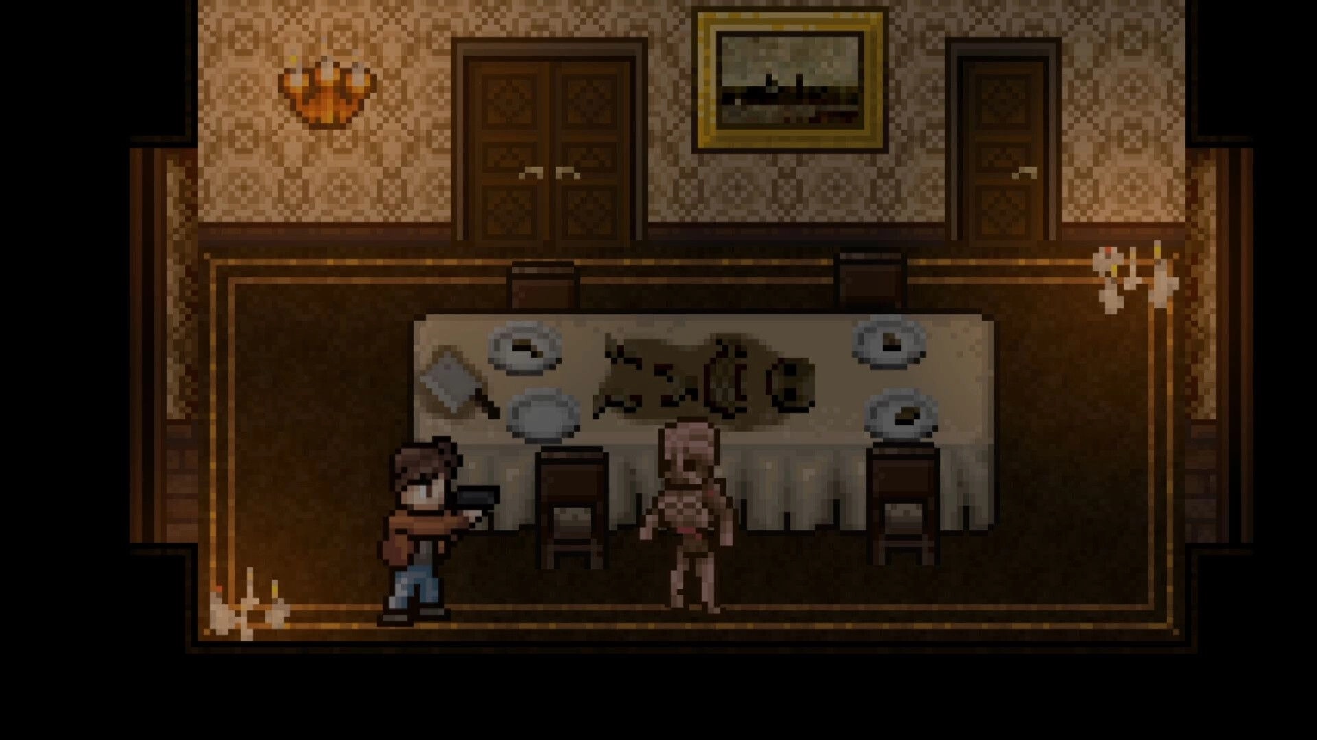 Dead of Darkness: Character aims gun at grotesque creature in dimly lit dining room with ornate decor