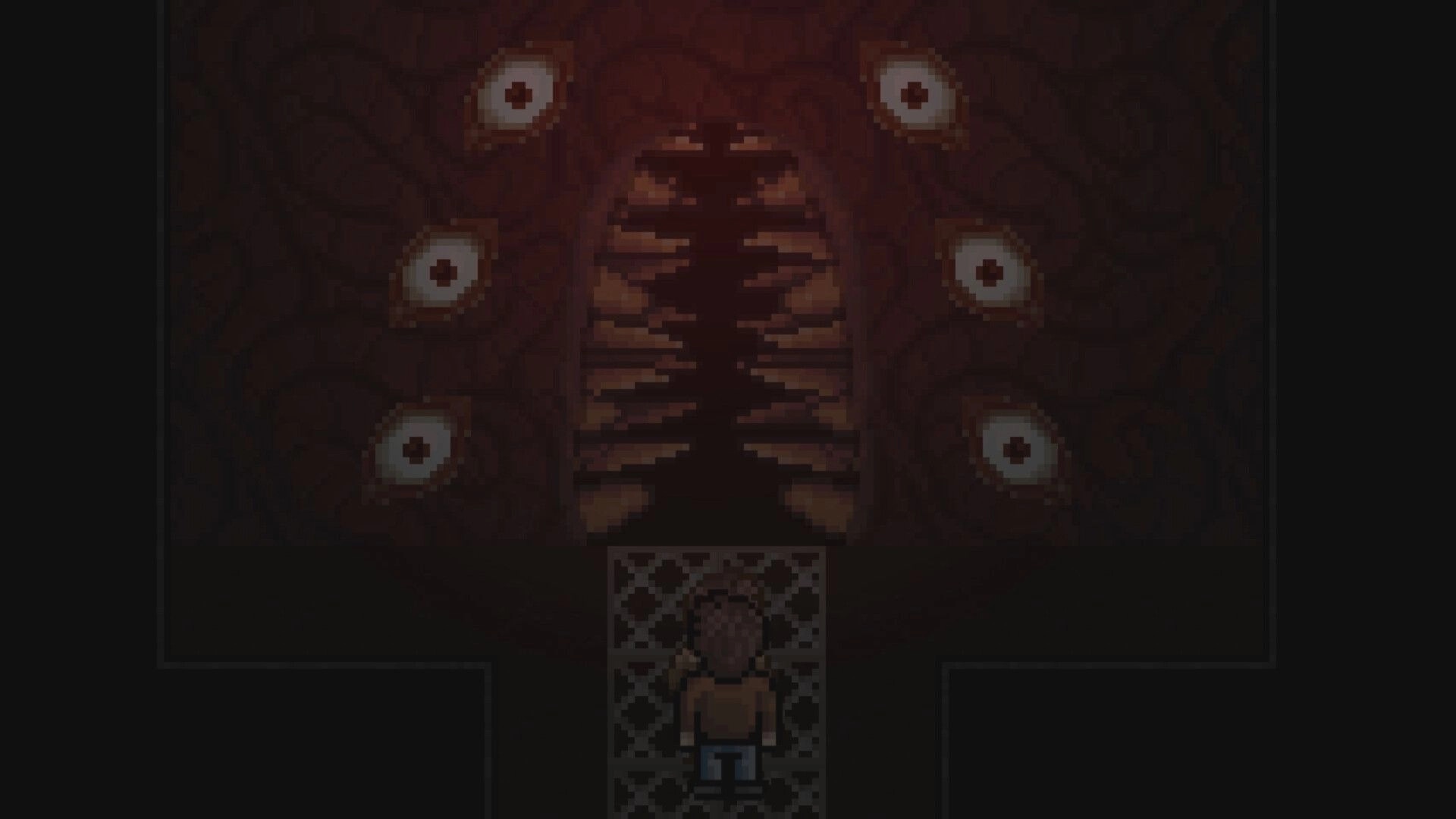 Dead of Darkness: Character facing a creepy, eye-covered wall in a dimly lit dungeon corridor
