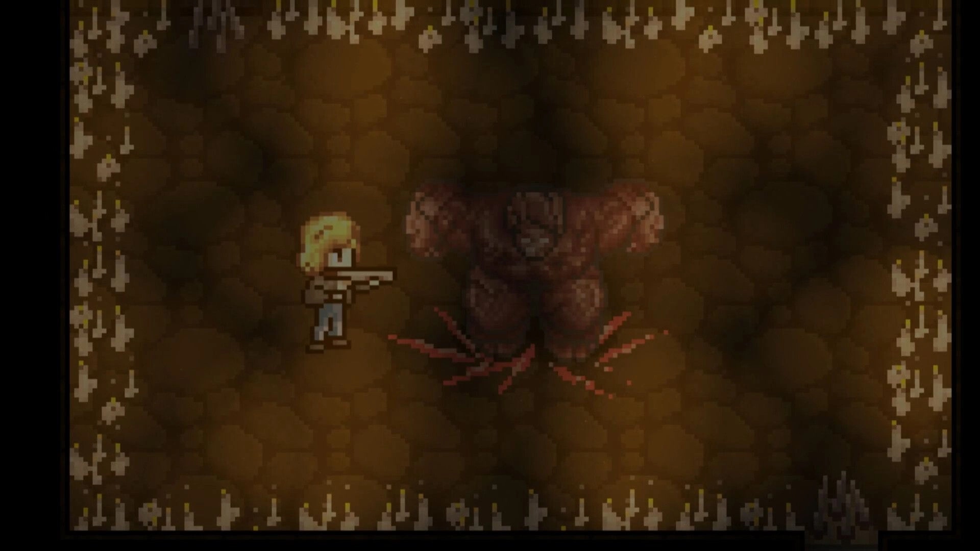 Dead of Darkness: Character aiming shotgun at grotesque creature in dimly lit cave environment.