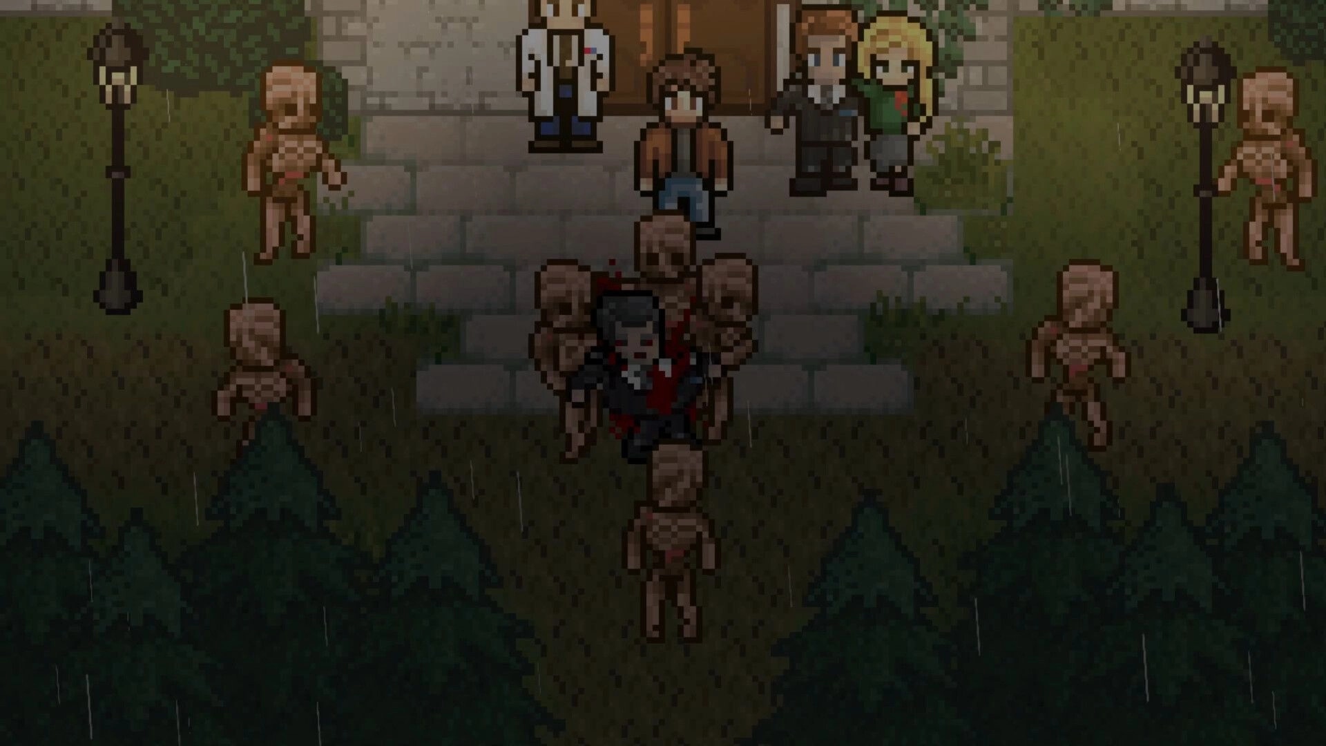 Dead of Darkness: Characters confront grotesque creatures on stone steps outside a mysterious building