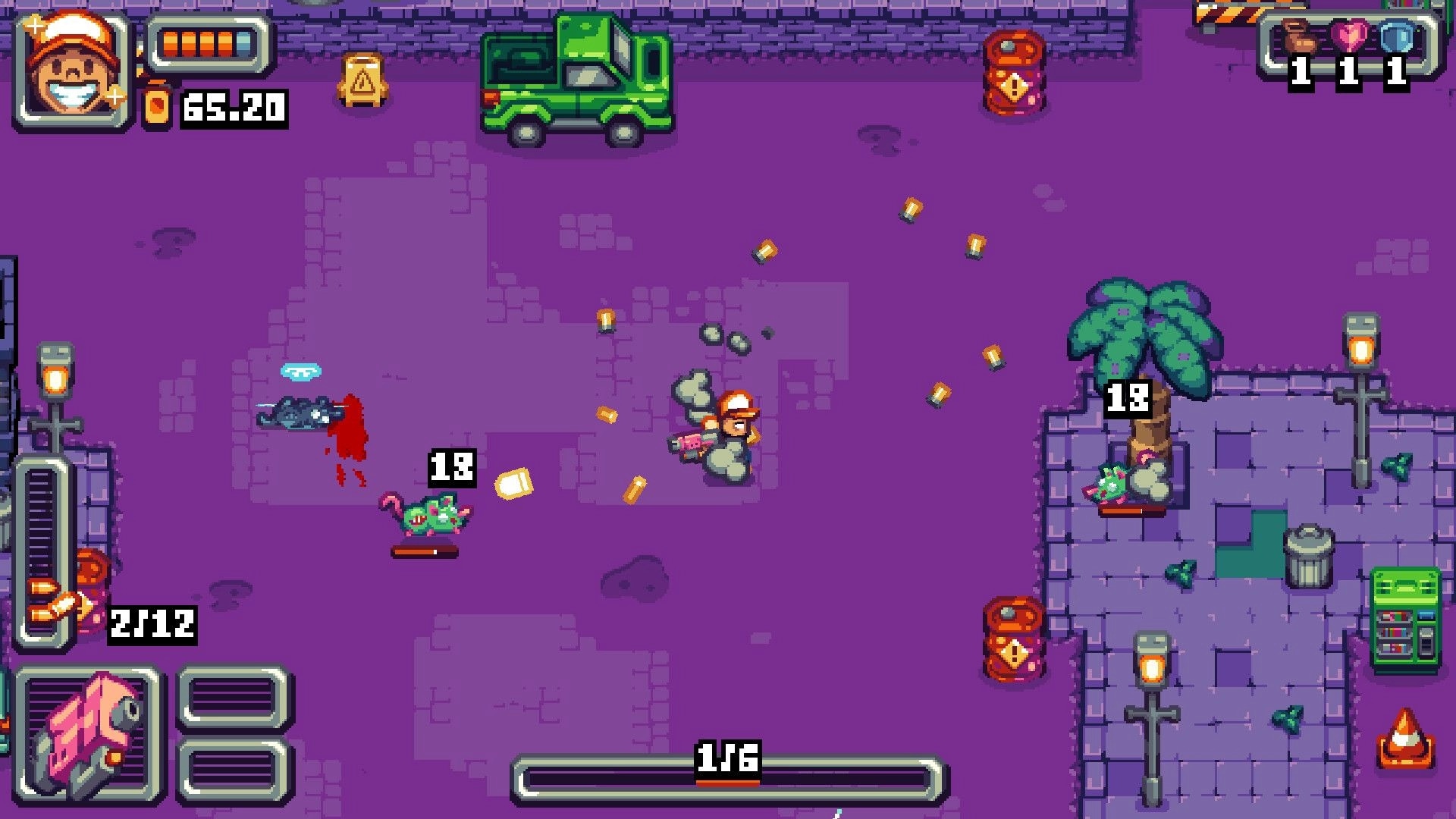 Dead on Delivery: Delivery driver fires spread shots at rats in purple street arena with HUD timer 65:20.