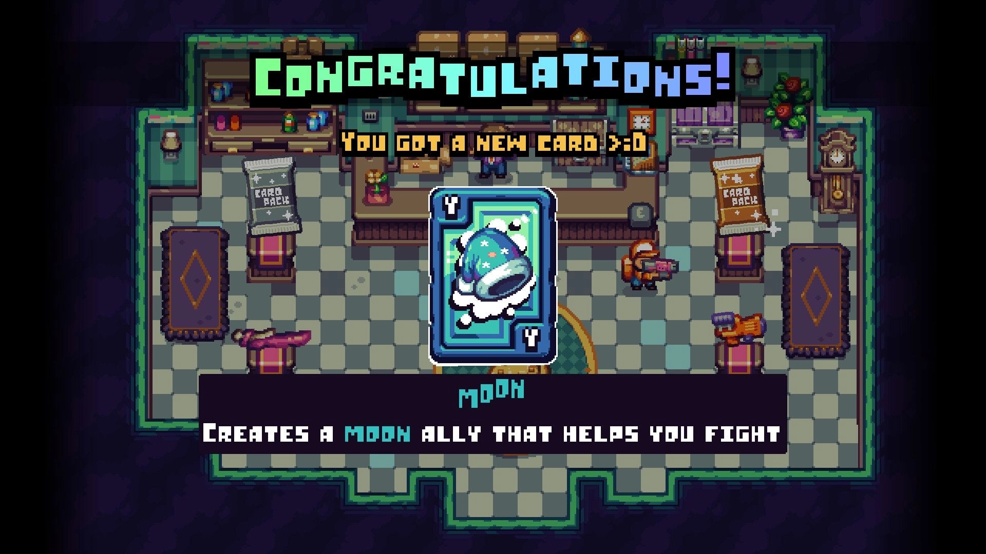 Dead on Delivery: New card reward popup for Moon ally in a shop room with card packs and counters.