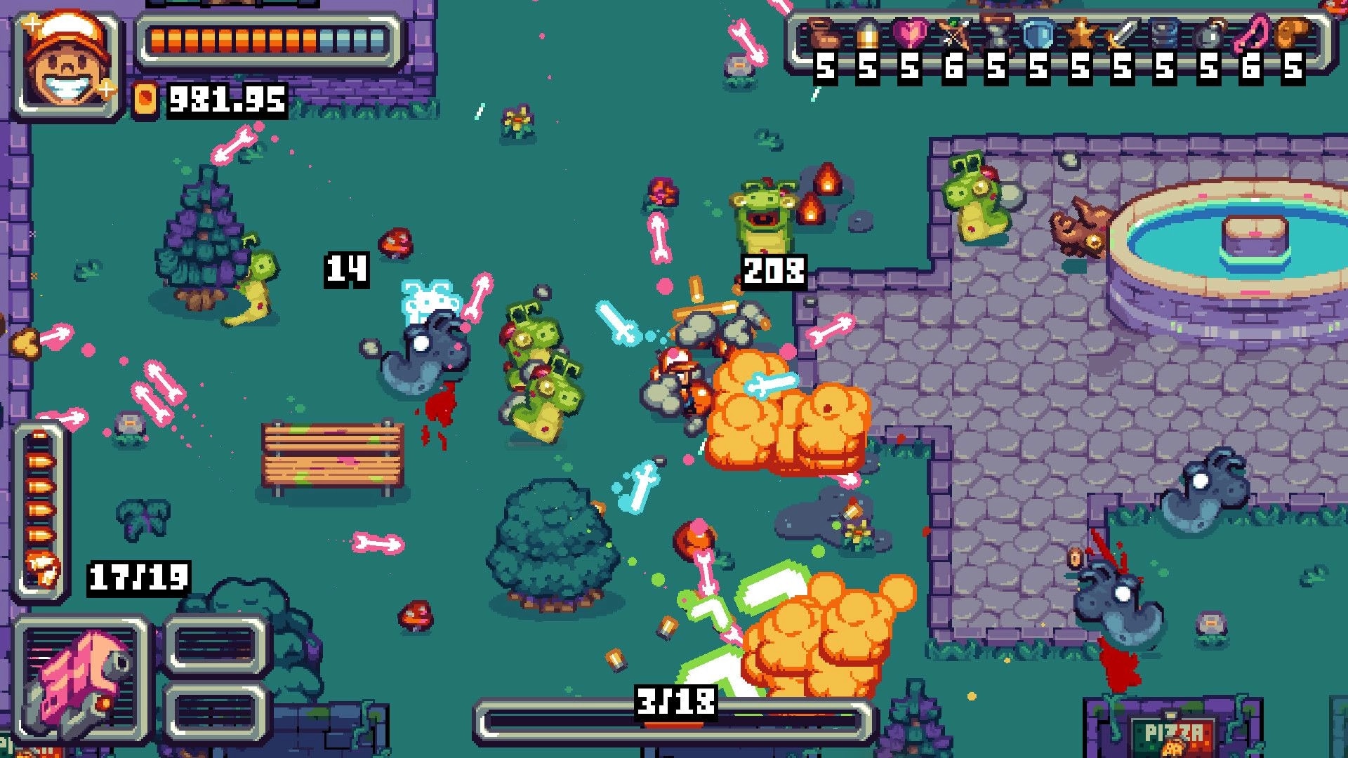Dead on Delivery: Top-down combat with explosions and zombies in a park courtyard, HUD and score visible.
