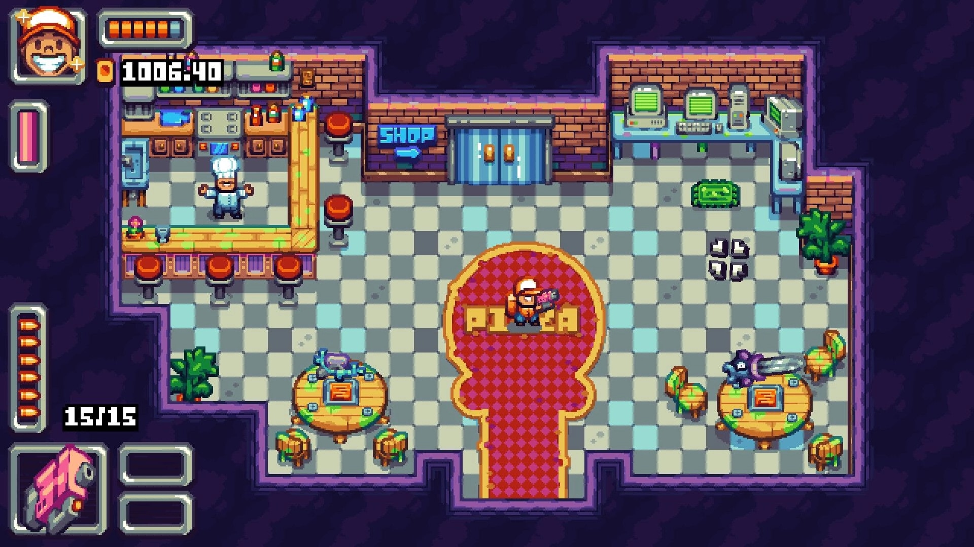 Dead on Delivery: Player stands on pizza rug in diner hub with shop door, timer, and ammo UI.