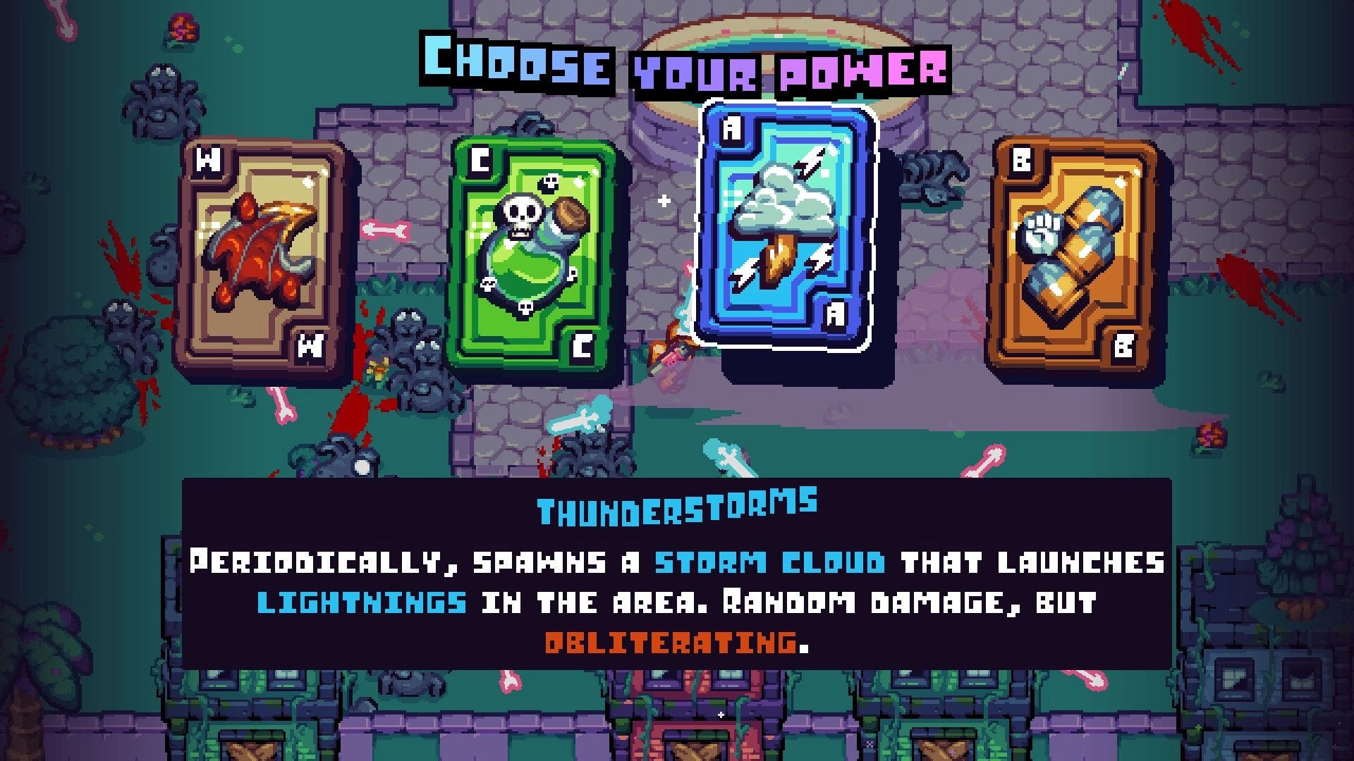 Dead on Delivery: Choose Your Power card selection menu over a bloodstained stone courtyard arena.
