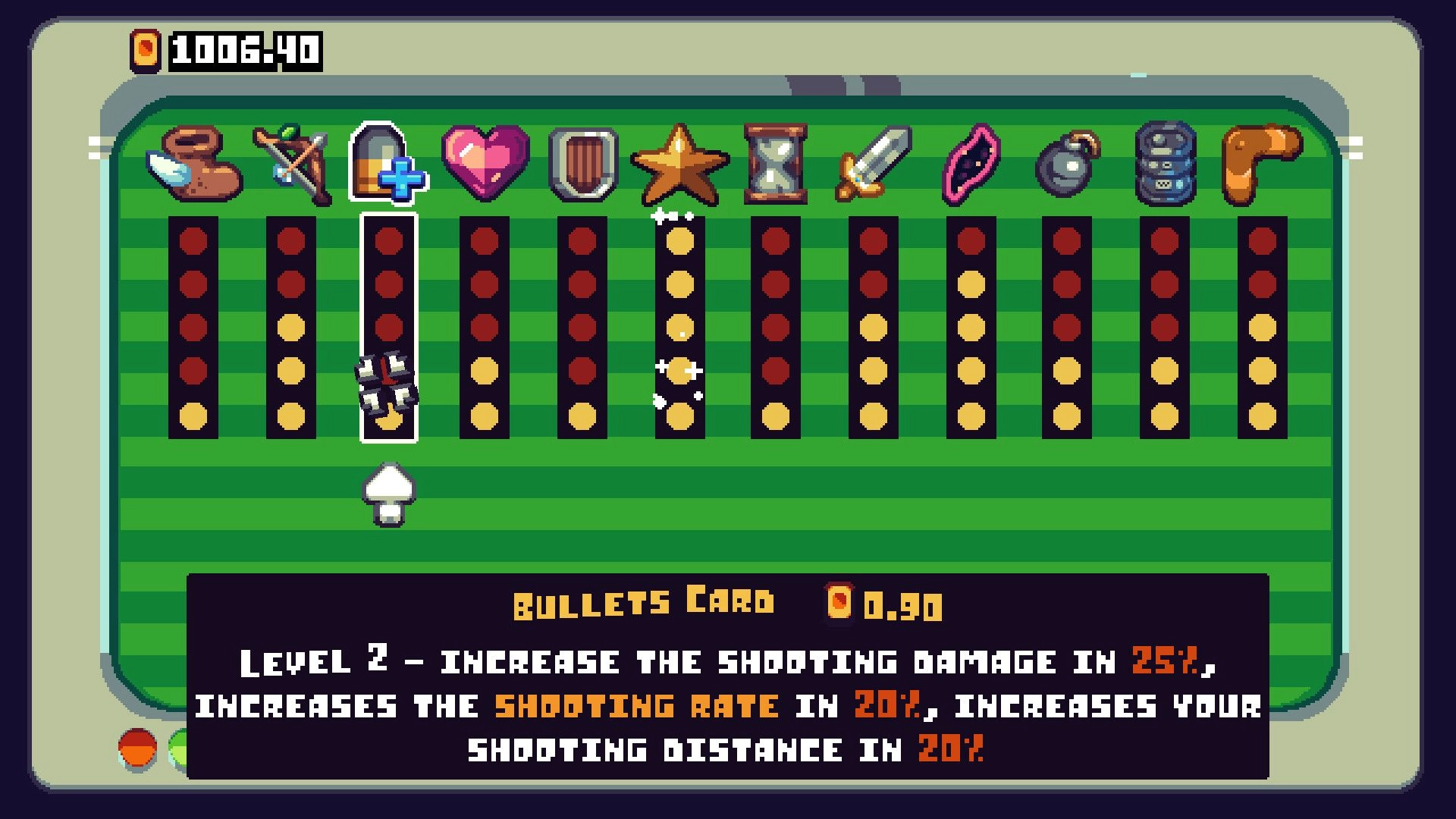 Dead on Delivery: Upgrade card menu with stat icons and Bullets Card tooltip on green grid screen.