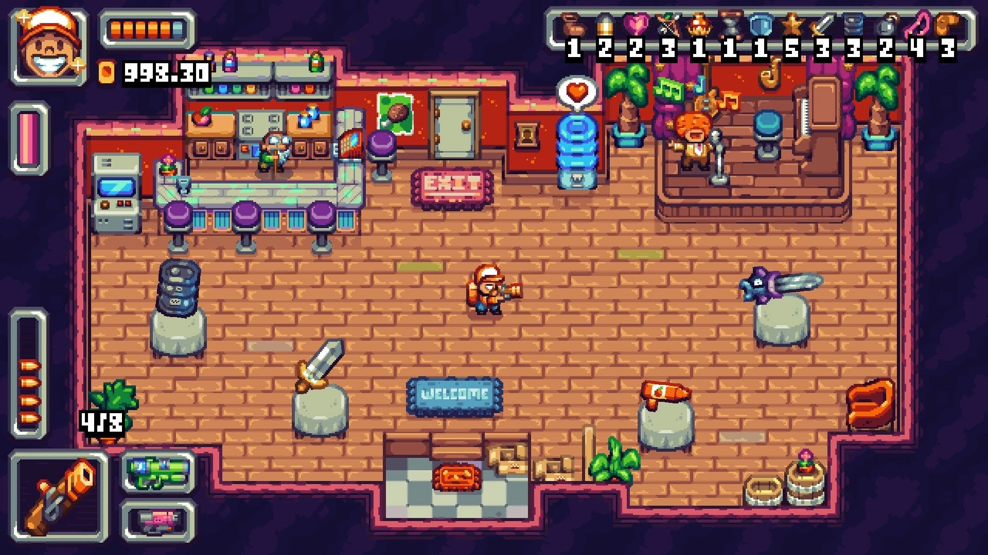 Dead on Delivery: Pizza courier stands in safehouse lobby with weapon pedestals and full HUD bar UI.