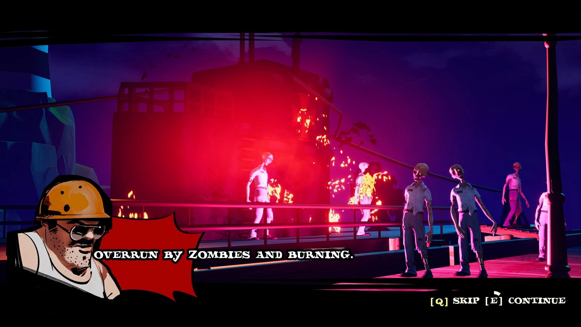 Dead Party: Cutscene with zombies near a burning ship and dialog box, on a dock at night.