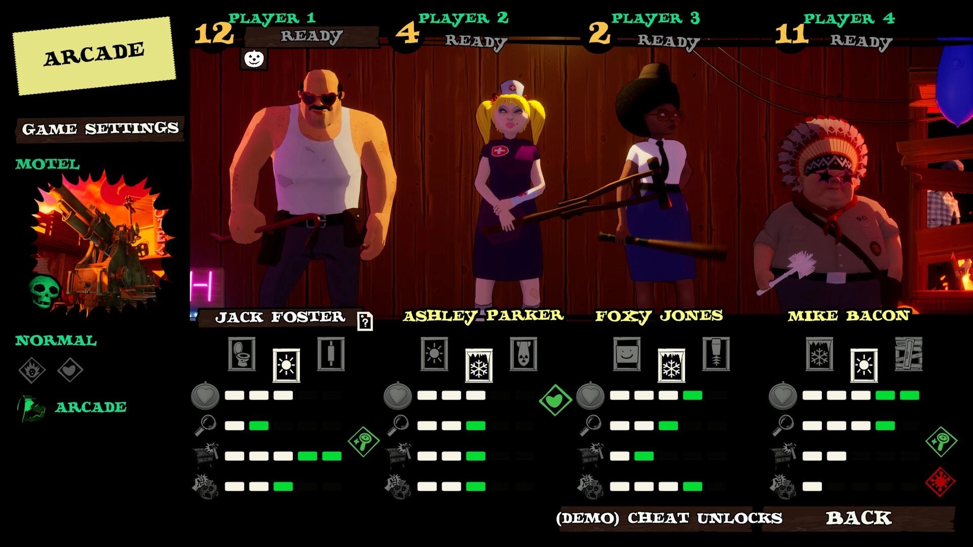 Dead Party: Four-player character select with Jack, Ashley, Foxy and Mike ready in a wooden motel lobby.