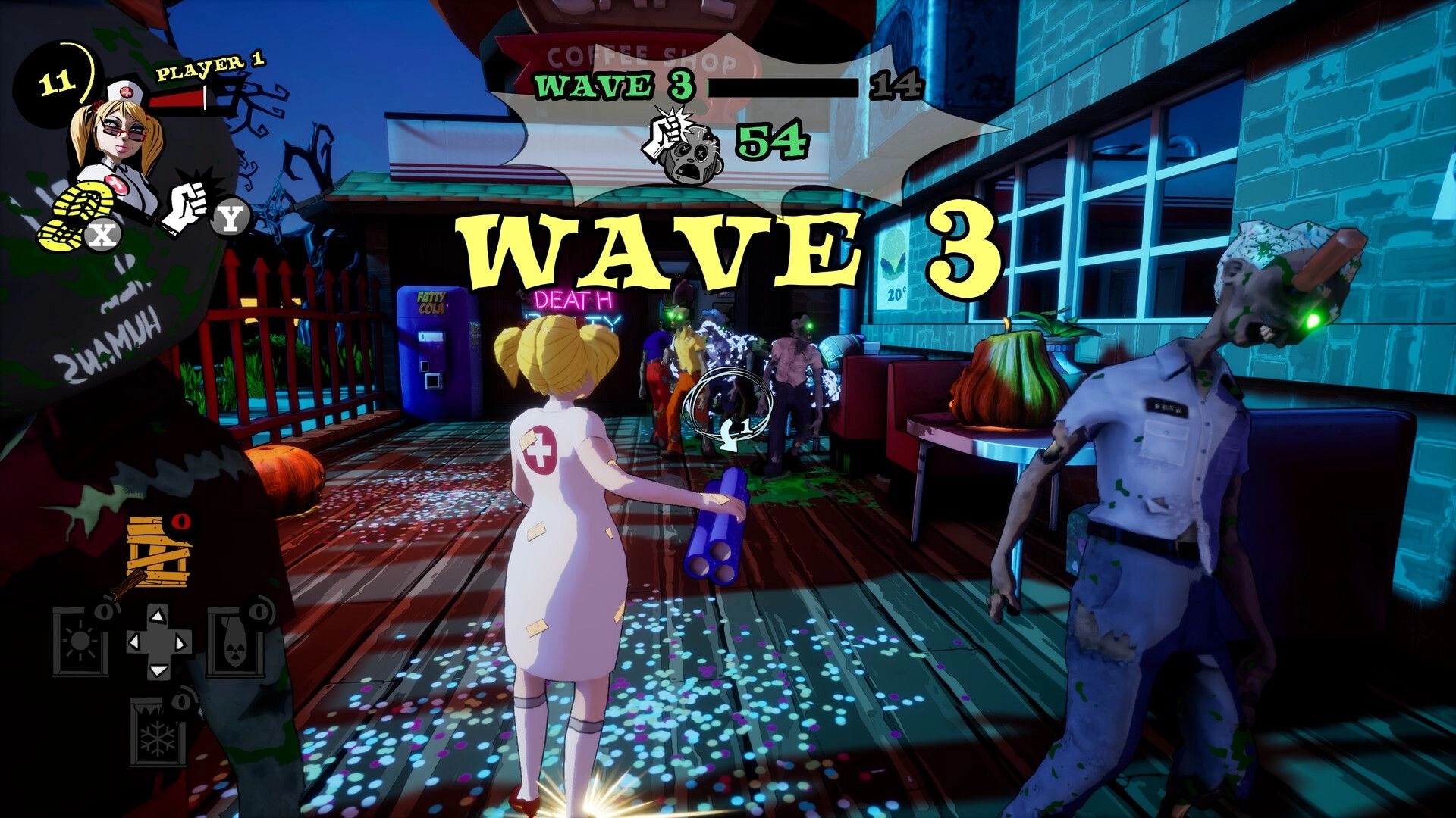 Dead Party: Player 1 nurse aims a gun at zombies as WAVE 3 begins inside a neon-lit diner cafe.