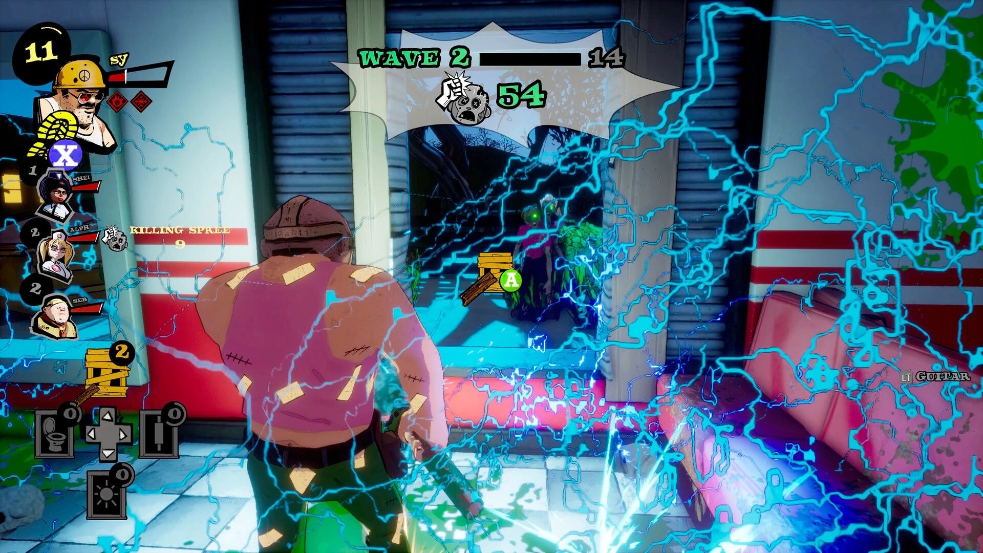 Dead Party: Co-op wave fight UI with four heroes as player faces zombies in diner booth corridor.