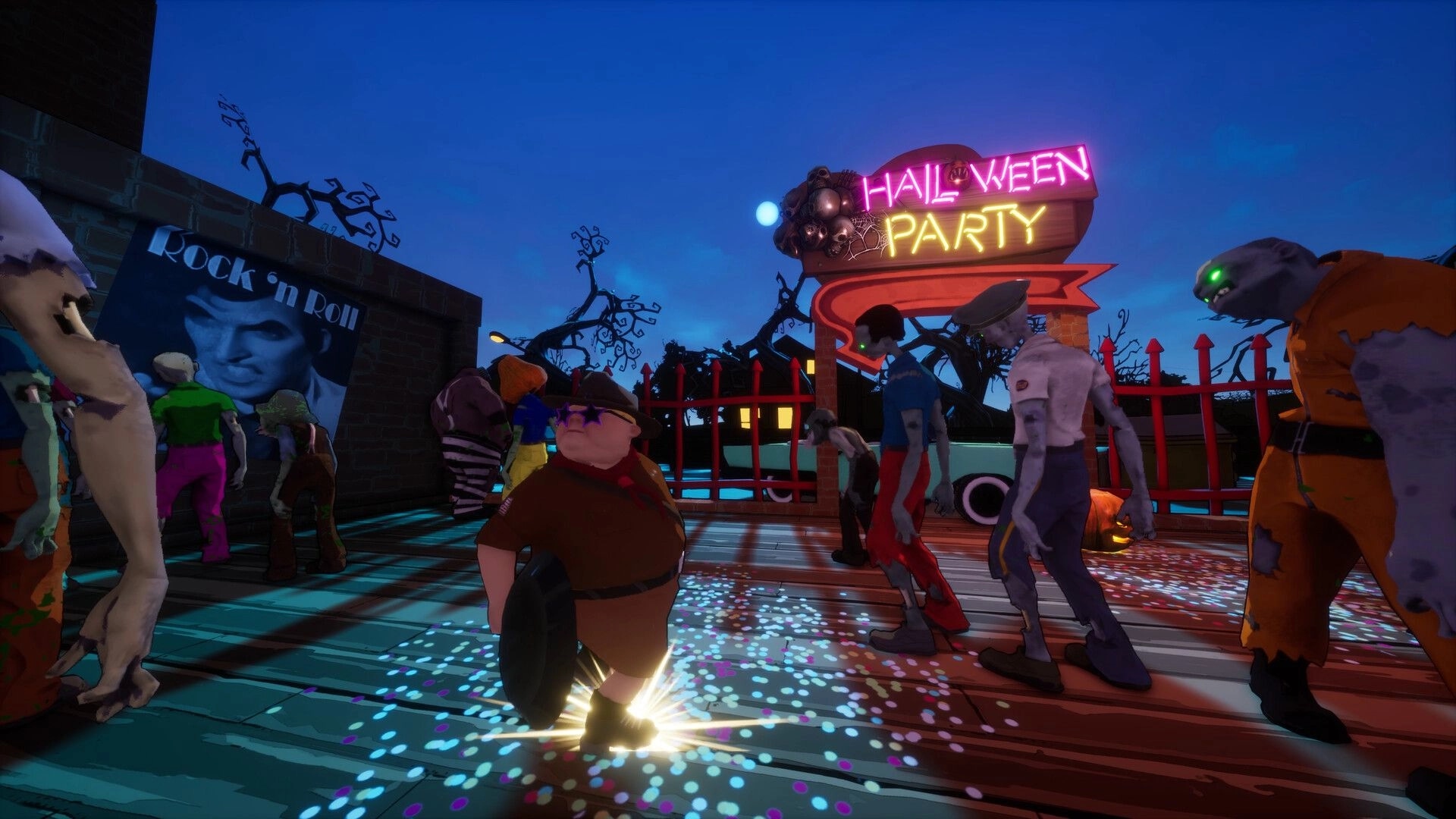 Dead Party: Zombies crowd a dance floor under neon Halloween Party sign in a spooky fenced club yard.