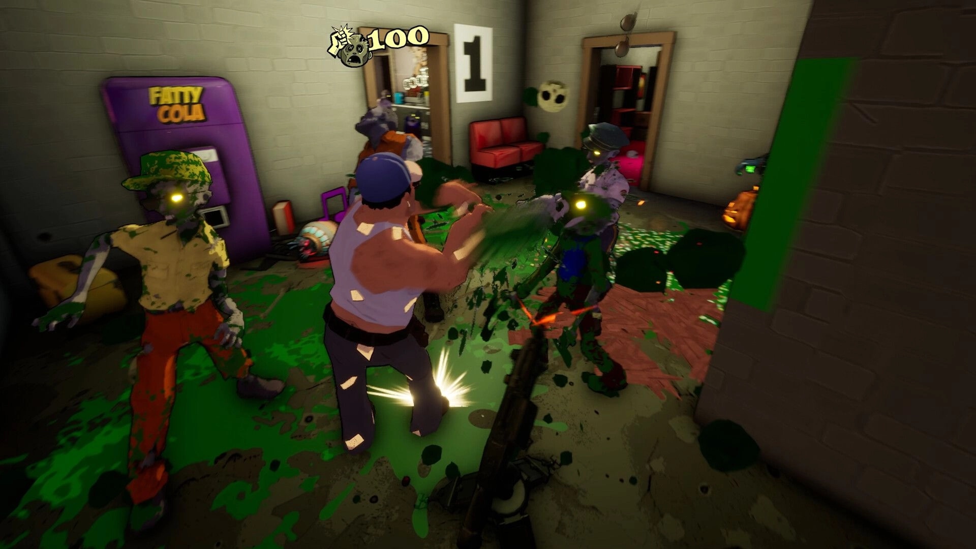 Dead Party: Player blasts glowing-eyed zombies in a messy hallway by a soda machine, score 100 UI.
