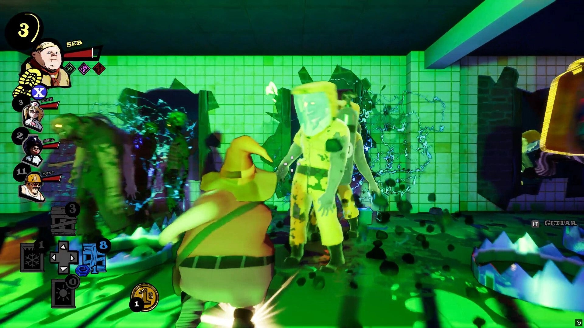Dead Party: Player aims at hazmat zombie in green tiled room, co-op portraits and ammo UI visible.
