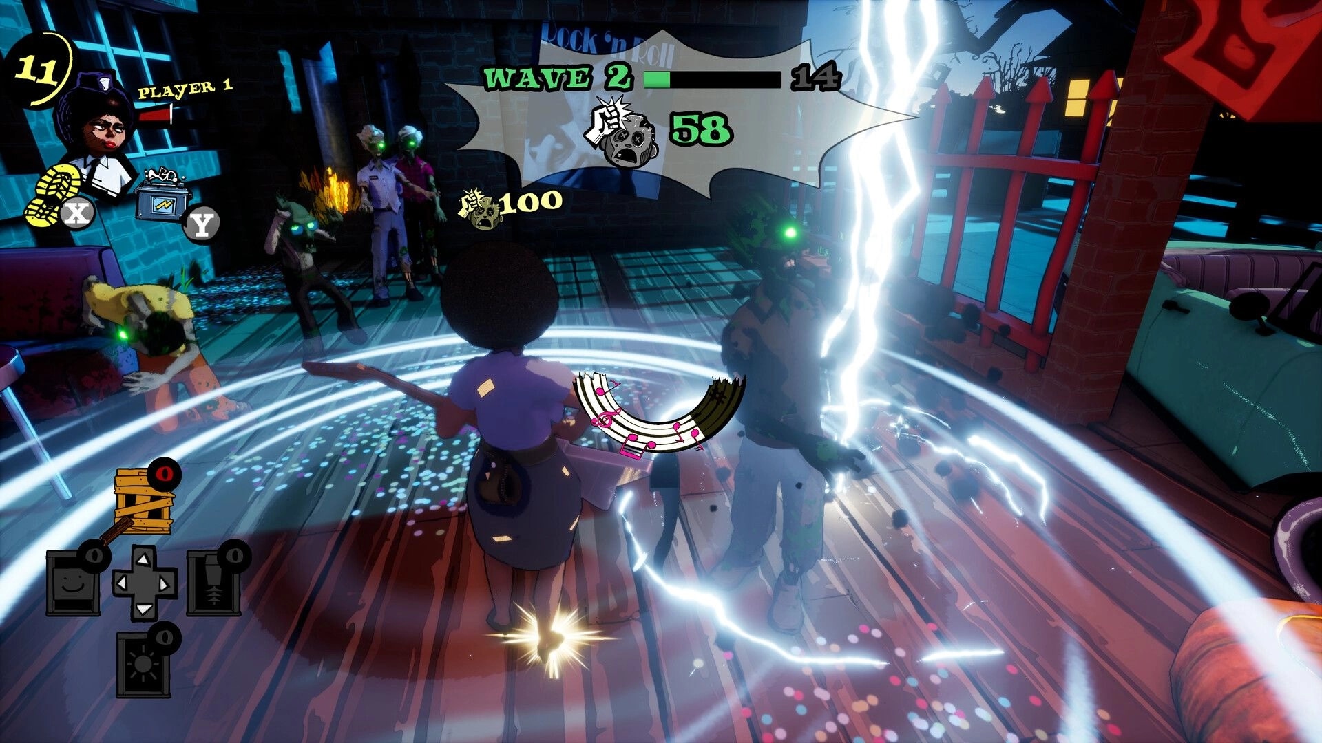 Dead Party: Player 1 fights glowing-eyed zombies during Wave 2 in a neon club with lightning effects.
