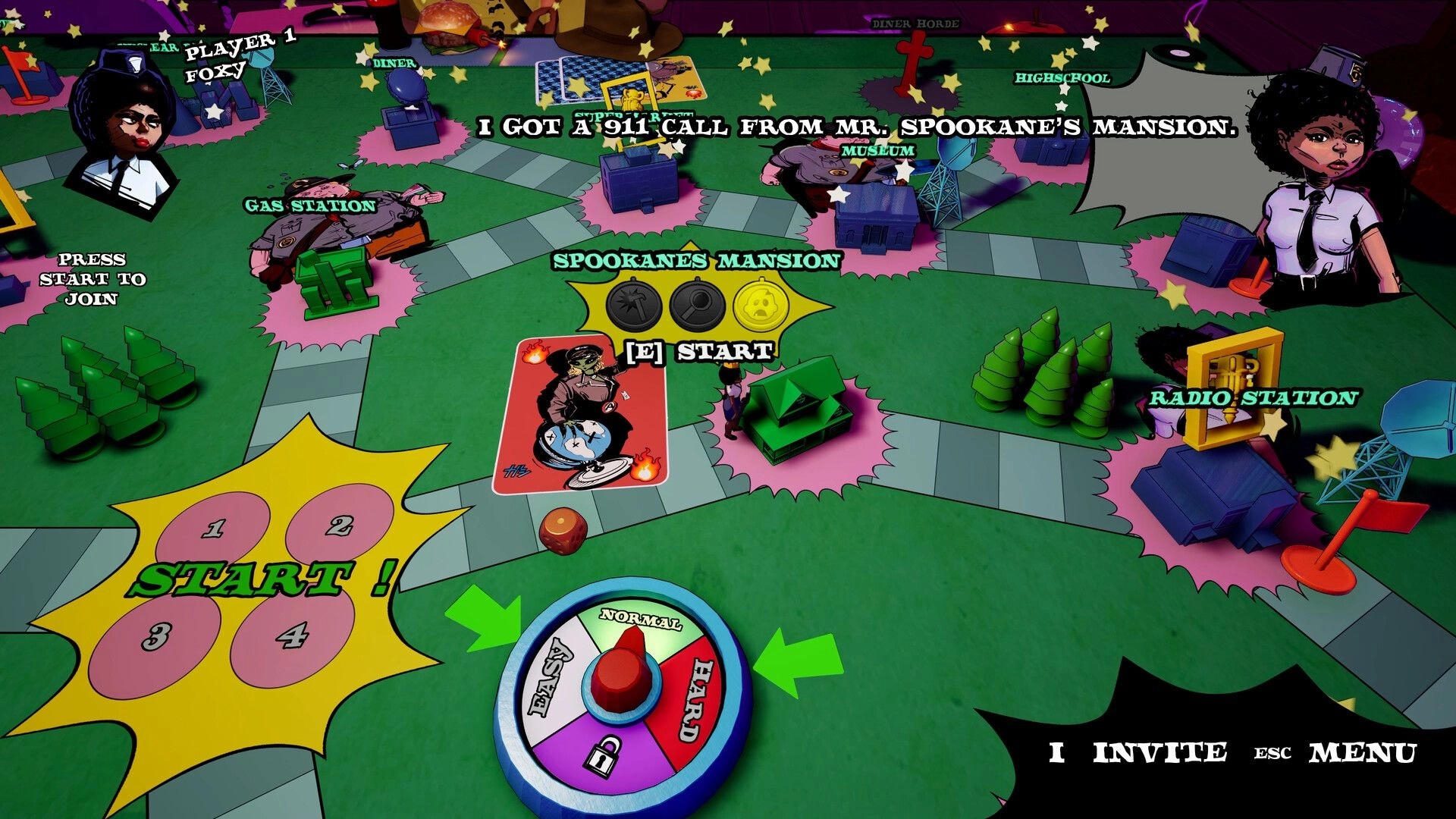 Dead Party: Story map screen with Spookane's Mansion start prompt and difficulty dial on town board.