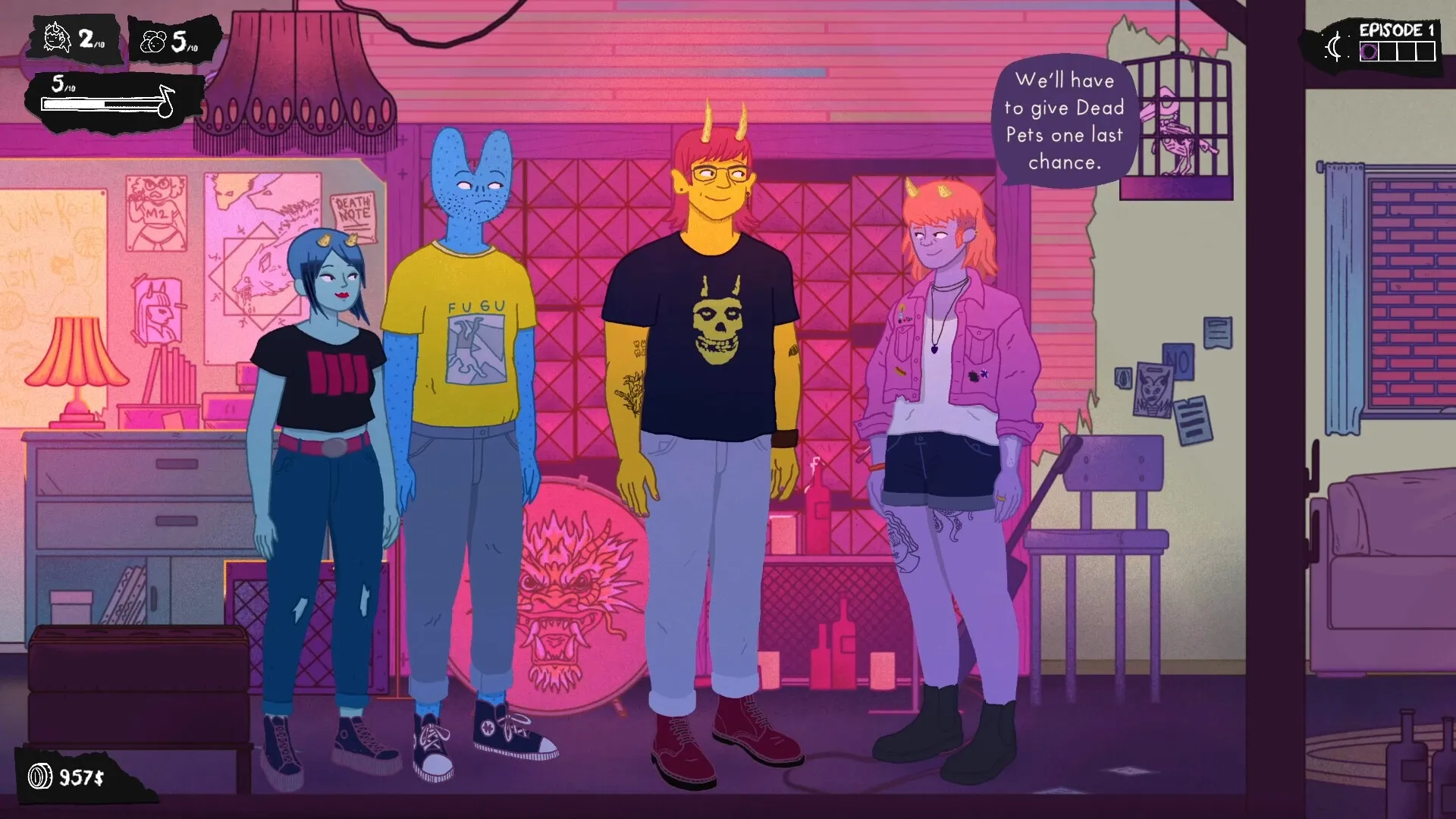 Dead Pets Unleashed: Band members gather in a dimly lit room with posters and instruments in the background.