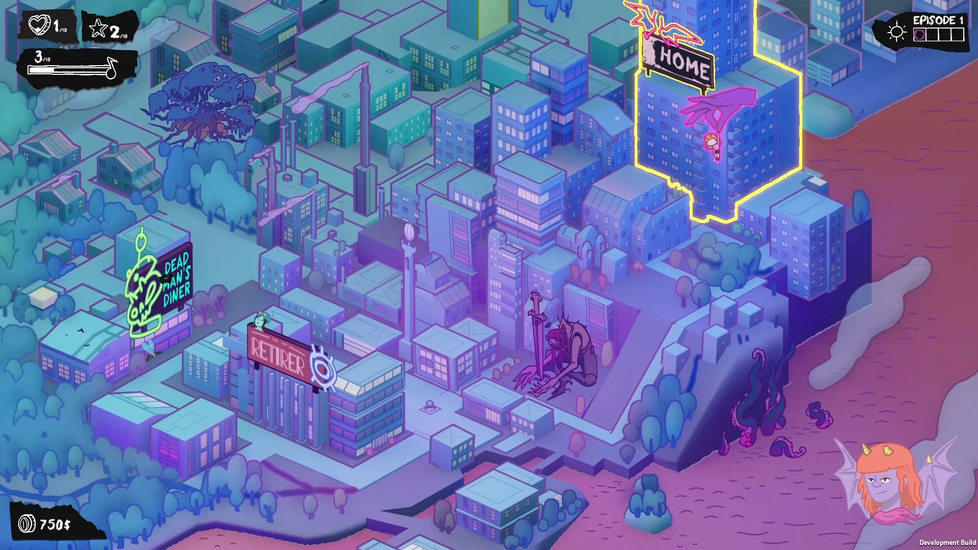 Dead Pets Unleashed: Overhead city view with neon diner sign and character portrait in corner