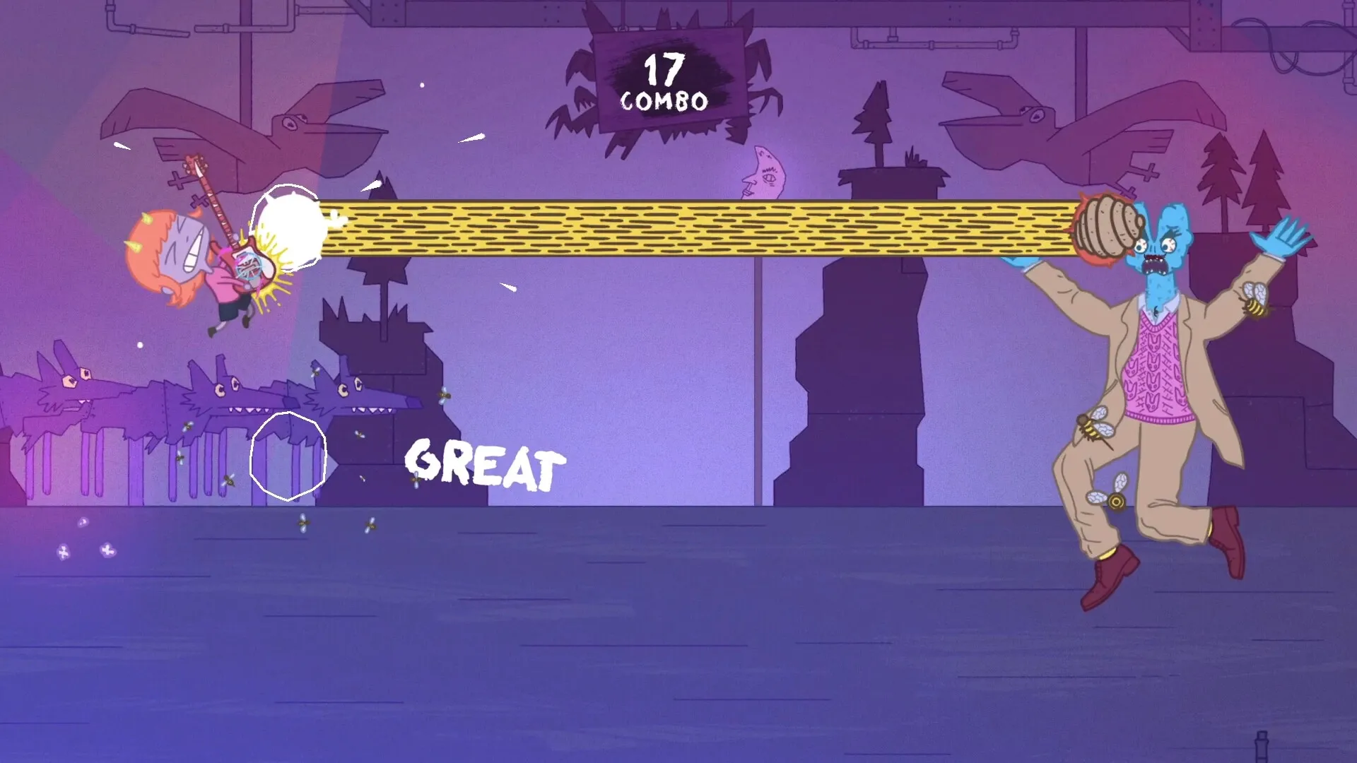 Dead Pets Unleashed: Gordy playing guitar in rhythm game battle against blue zombie in surreal arena