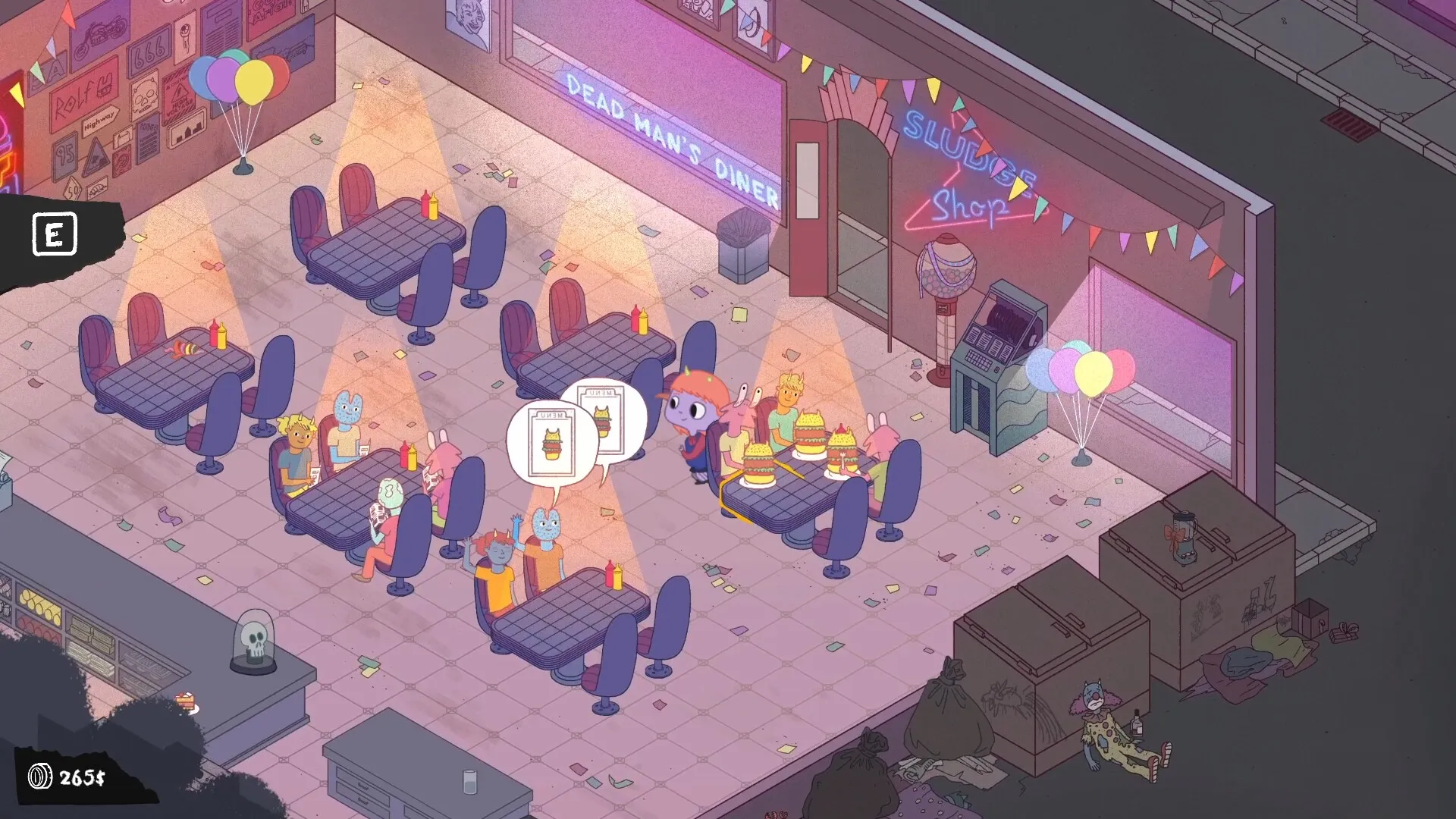 Dead Pets Unleashed: Gordy serving customers at Dead Man's Diner with menu icons and neon signs visible