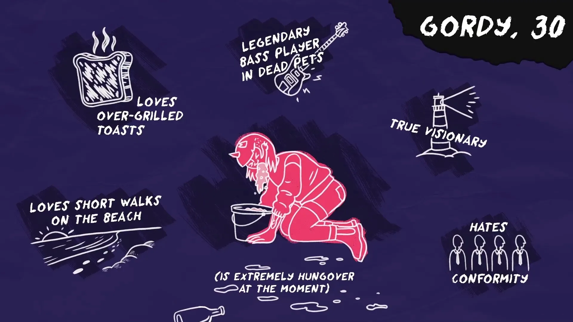 Dead Pets Unleashed: Gordy, hungover, kneels with a bucket; loves toast, hates conformity, true visionary.