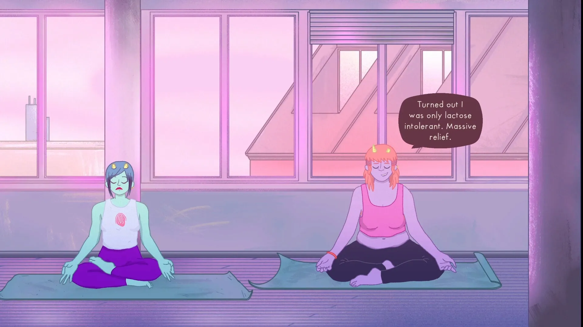 Dead Pets Unleashed: Gordy and friend meditating indoors with a humorous chat bubble above them