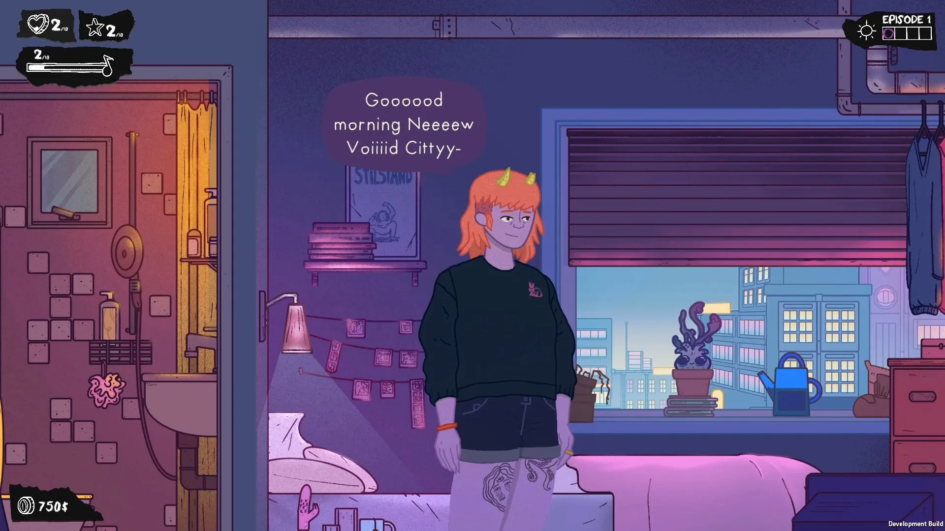 Dead Pets Unleashed: Gordy stands in bedroom with speech bubble, city view, and episode progress UI.
