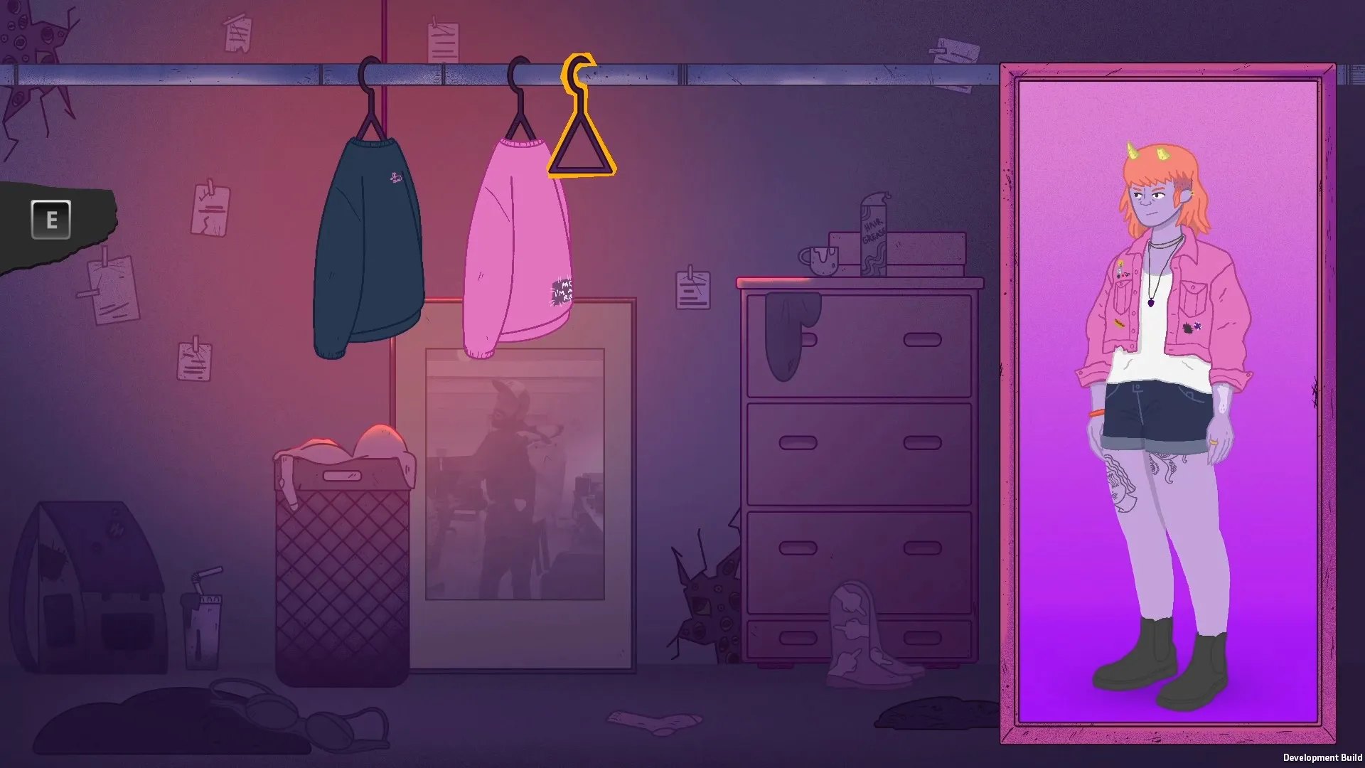 Dead Pets Unleashed: Character wardrobe selection with two jackets in a dimly lit bedroom setting