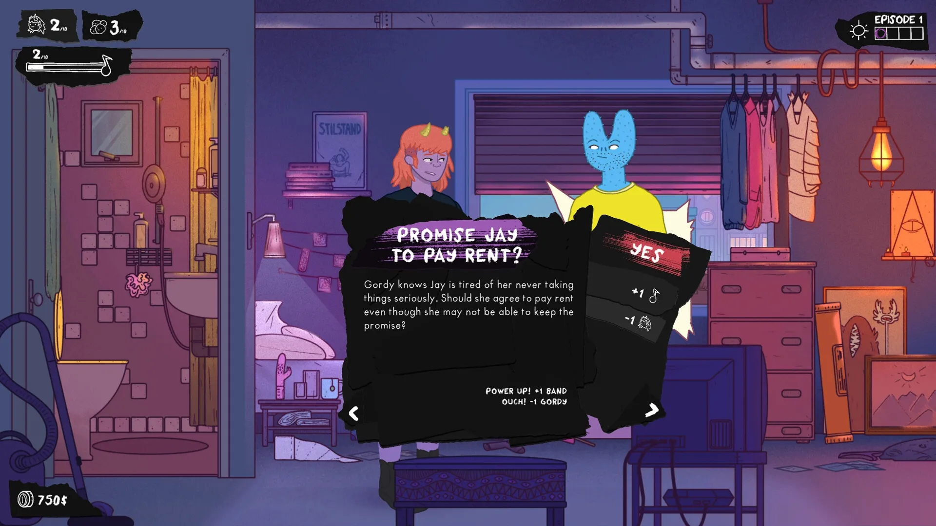 Dead Pets Unleashed: Gordy deciding whether to promise Jay rent in a cluttered apartment setting
