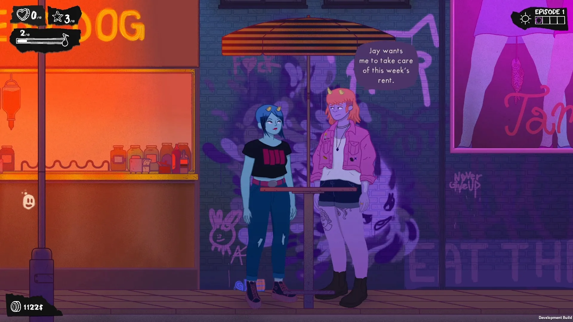 Dead Pets Unleashed: Gordy and friend chat outside diner under neon lights, discussing rent payments.