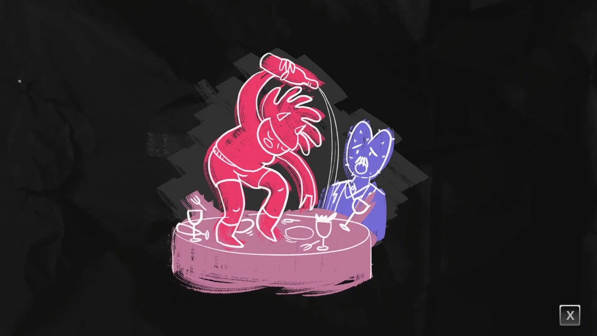 Dead Pets Unleashed: Cartoonish red figure pouring drink while blue figure reacts at a table scene.