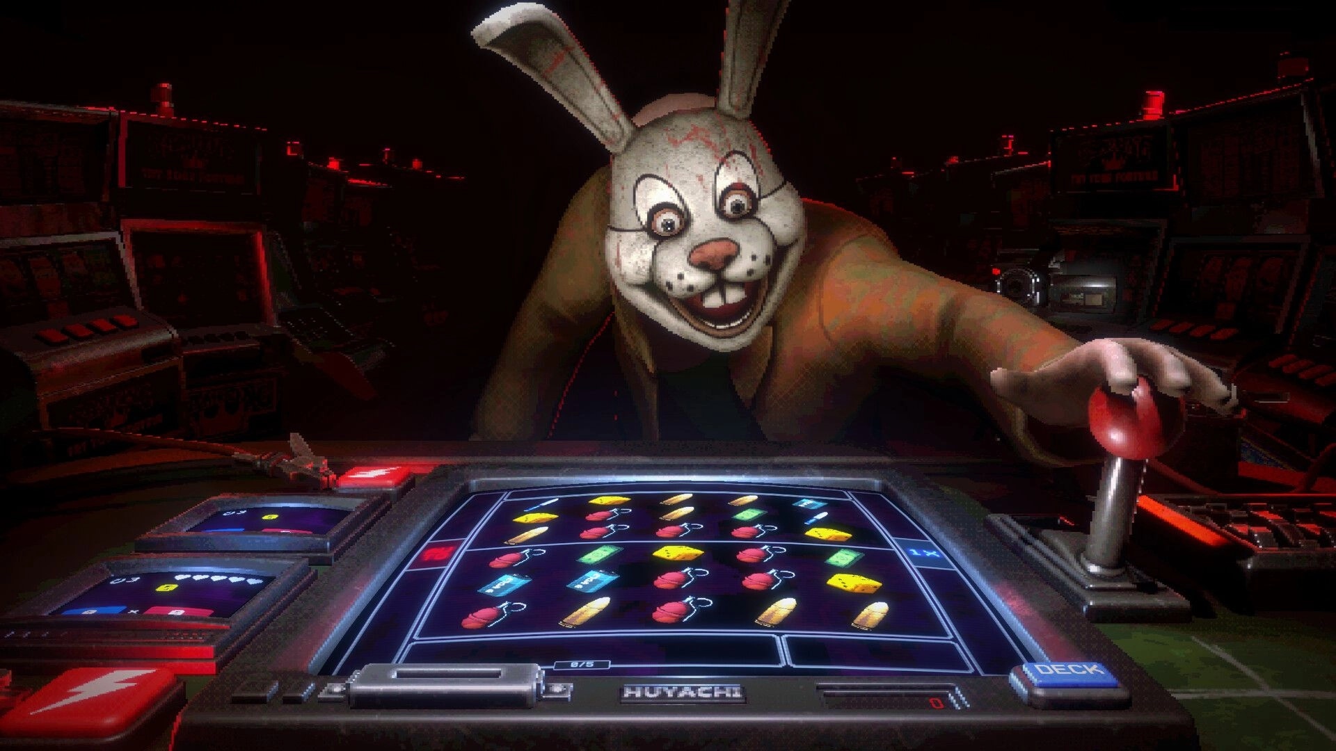 DEAD SPIN: Grinning rabbit dealer pulls slot lever over symbol grid in a dark neon casino pit.