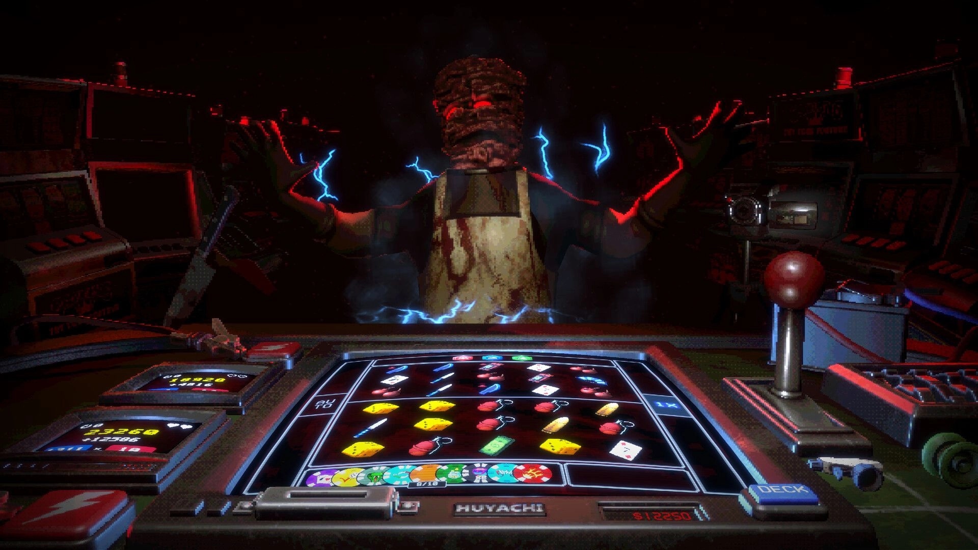 DEAD SPIN: Dealer with bandaged head raises hands over card table in neon-lit casino booth UI.