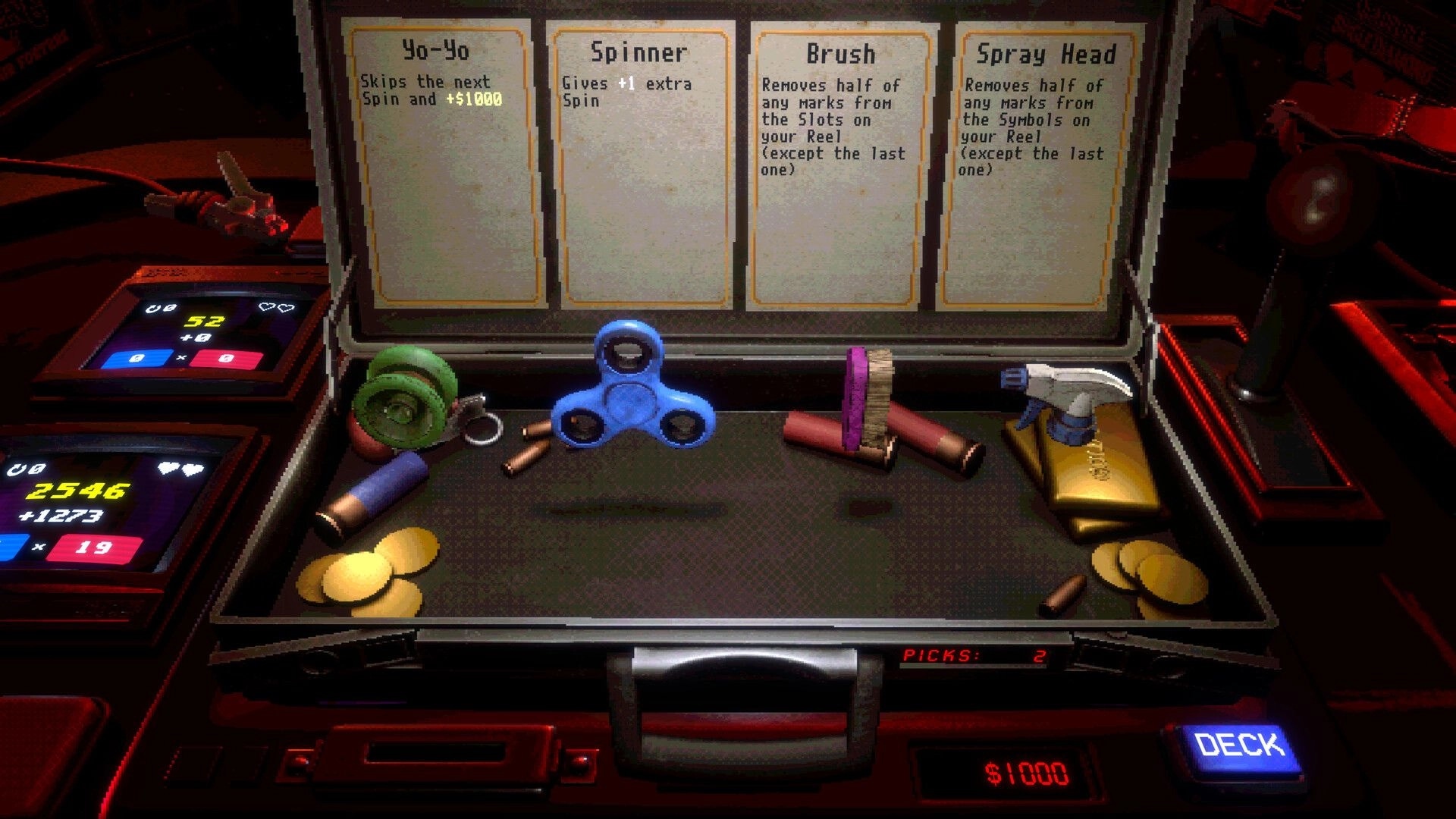 DEAD SPIN: Item selection case with Yo-yo, Spinner, Brush, Spray Head cards in casino UI.