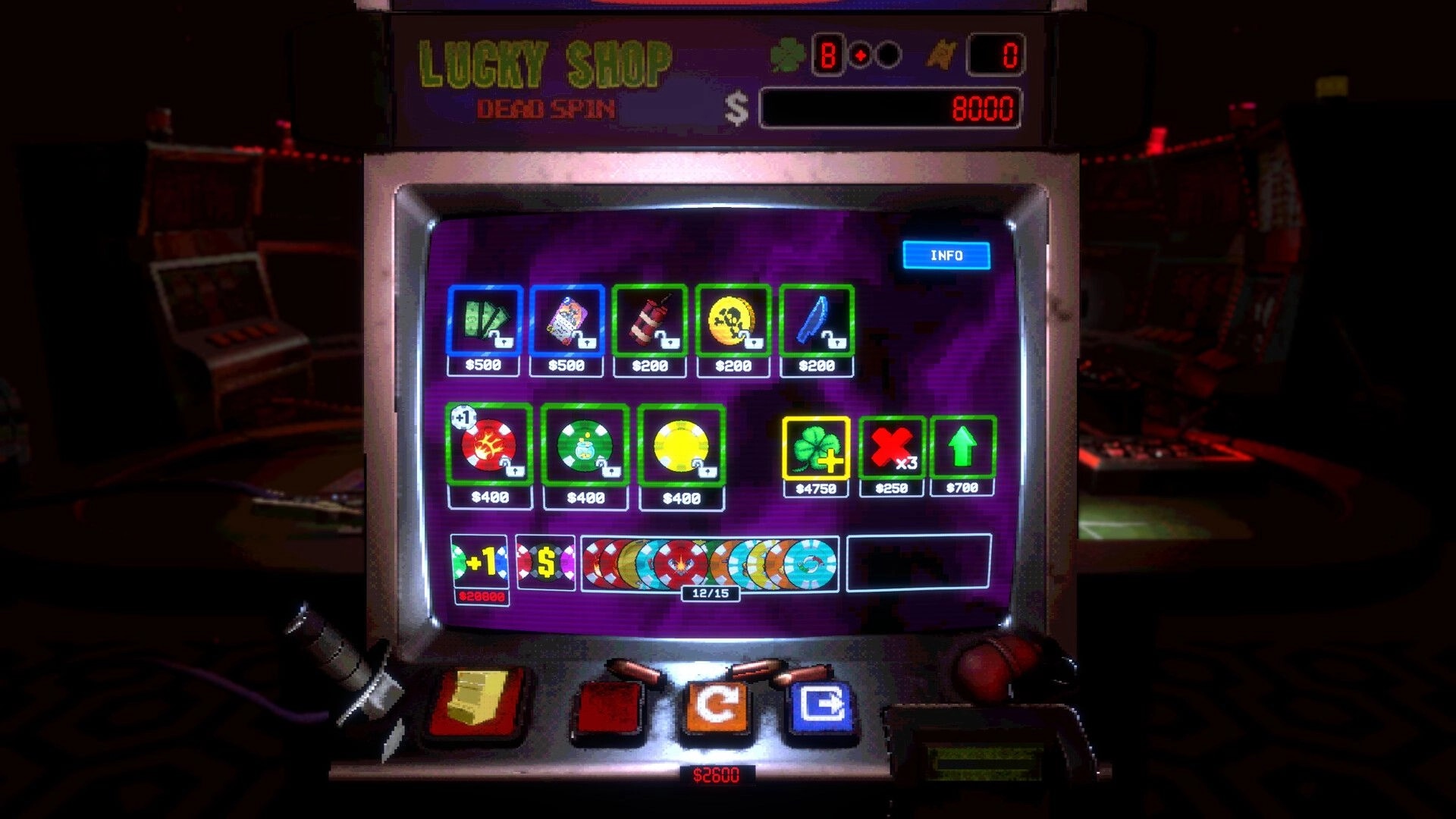 DEAD SPIN: Lucky Shop terminal with item icons and prices, in a dim casino arcade room backdrop.