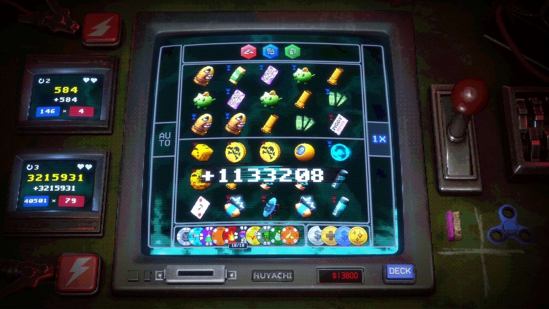 DEAD SPIN: Slot machine reel UI with icons and huge +1133208 payout on a grimy casino console.