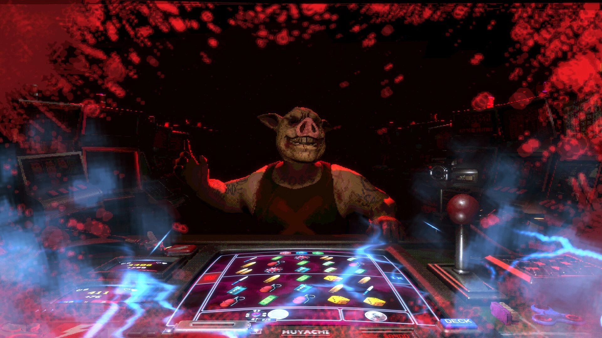 DEAD SPIN: Pig-masked dealer looms over slot table UI with lever and deck button in smoky casino.