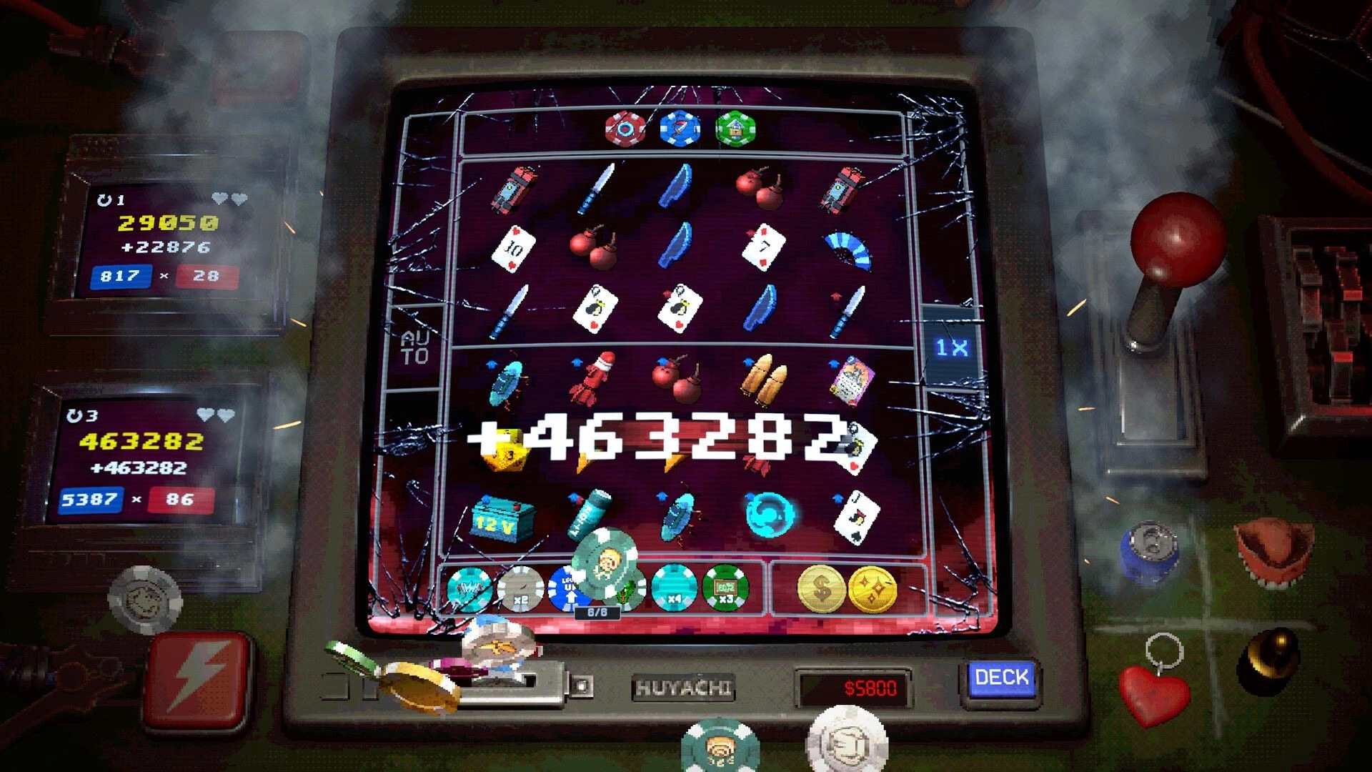 DEAD SPIN: Slot machine grid with weapons and cards, huge score pop-up on cracked casino screen.