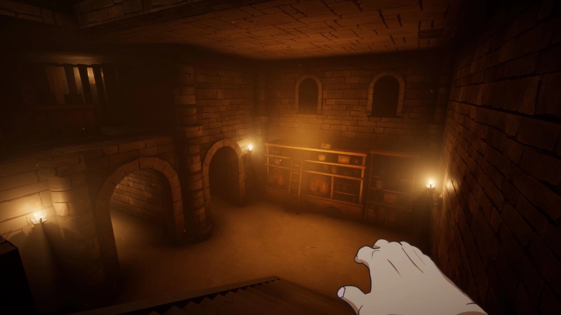 Dead Watch: First-person view of castle basement with stone walls, shelves, and dim torch lighting