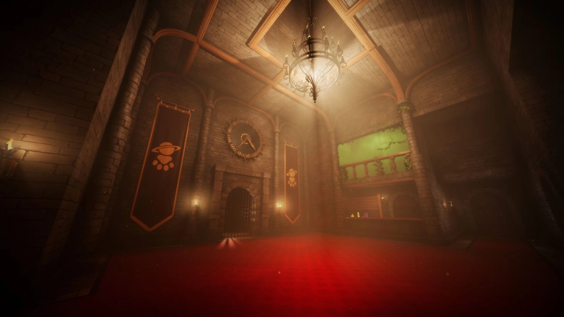 Dead Watch: Grand castle hall with red carpet, ornate chandelier, and banners hanging on stone walls